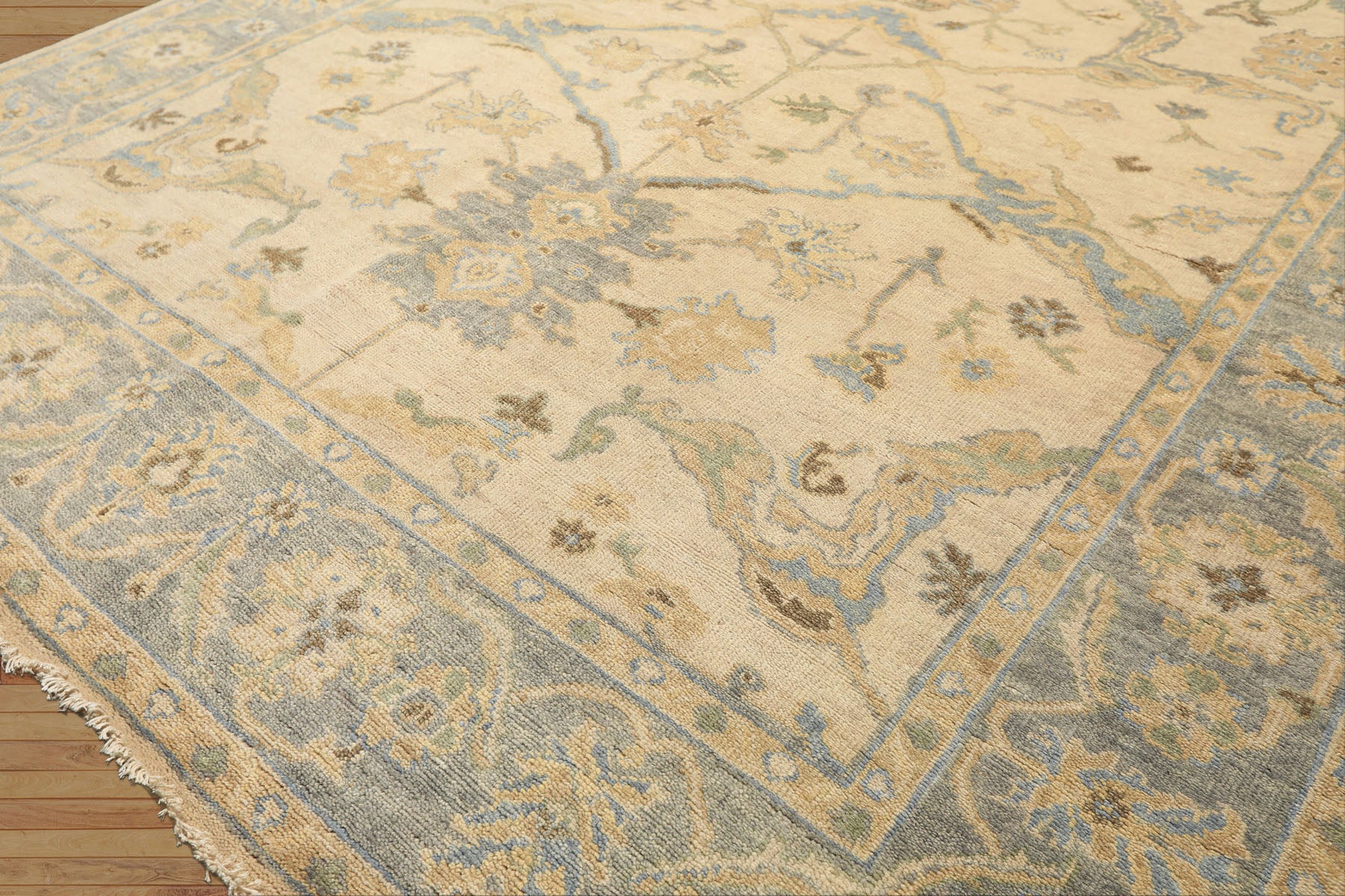 6x9 Beige, Aqua, Light Gold Color Hand Knotted Oushak Wool Traditional Oriental Rug