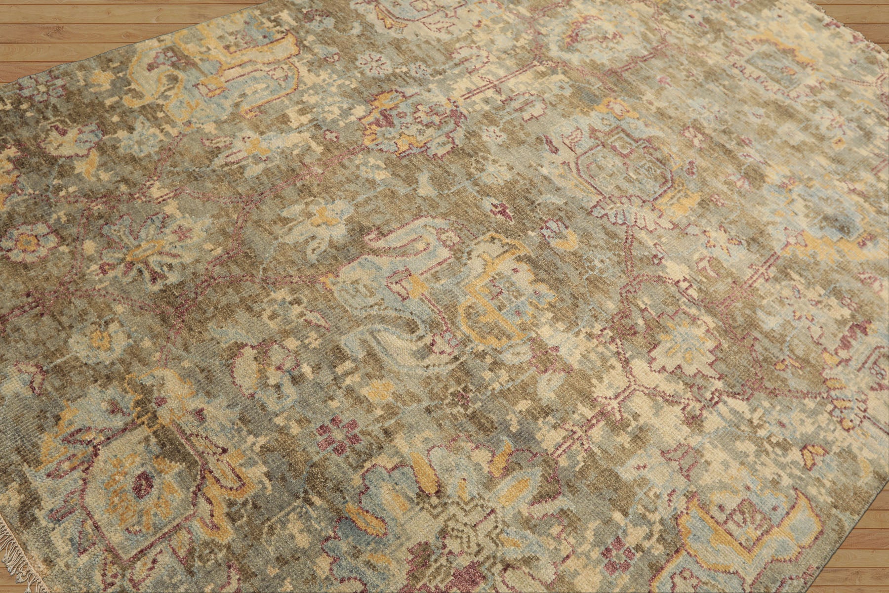 6x9 Beige, Moss, Aqua Color Hand Knotted Oushak Wool Traditional Oriental Rug