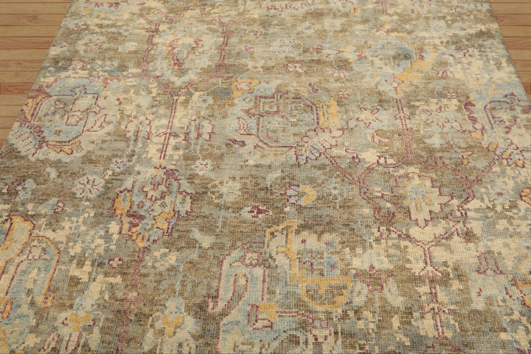 6x9 Beige, Moss, Aqua Color Hand Knotted Oushak Wool Traditional Oriental Rug