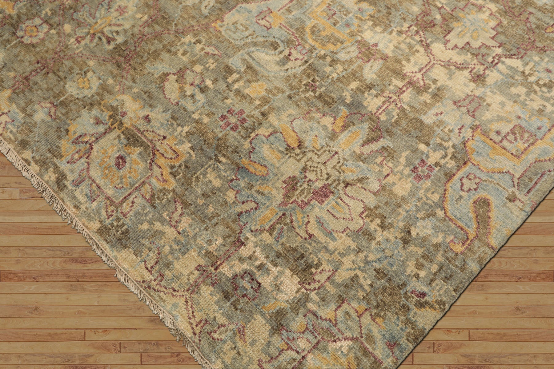 6x9 Beige, Moss, Aqua Color Hand Knotted Oushak Wool Traditional Oriental Rug