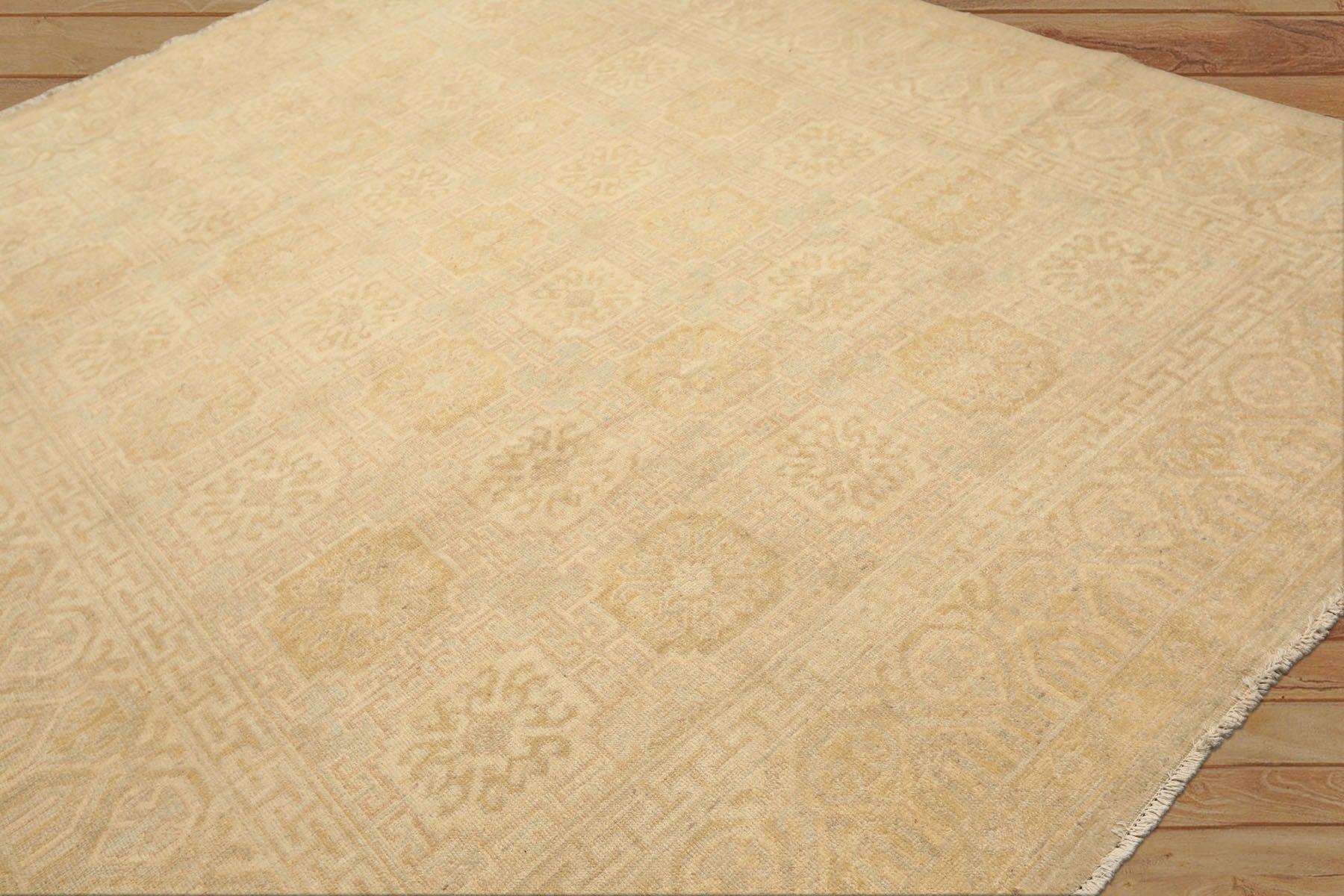 8x10 Beige, Tan, Celadon Color Hand Knotted Oushak Wool Transitional Oriental Rug