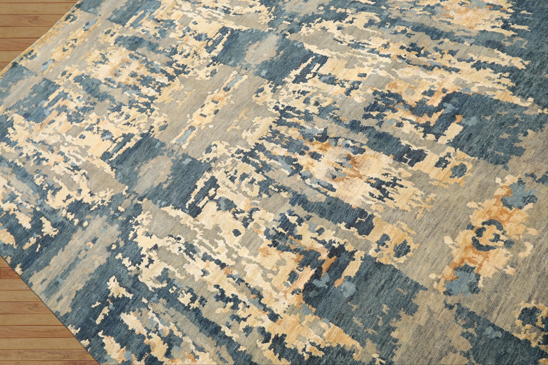 6x9 Gray, Aqua, Ivory Color Hand Knotted Indo Tibetan Wool & Bamboo Silk Modern & Contemporary Oriental Rug
