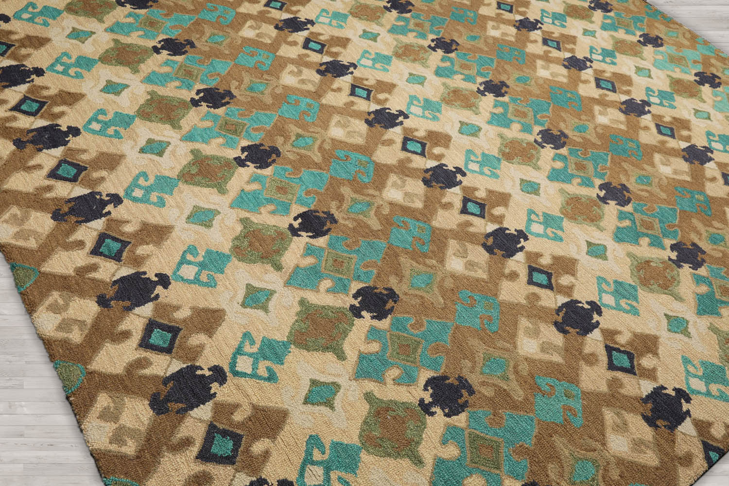 Multi Size Beige Brown Turquoise Color Hand Tufted All-Over Wool & Silk Modern Oriental Rug