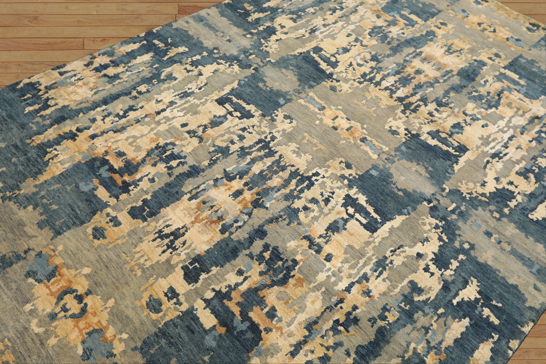 6x9 Gray, Aqua, Ivory Color Hand Knotted Indo Tibetan Wool & Bamboo Silk Modern & Contemporary Oriental Rug