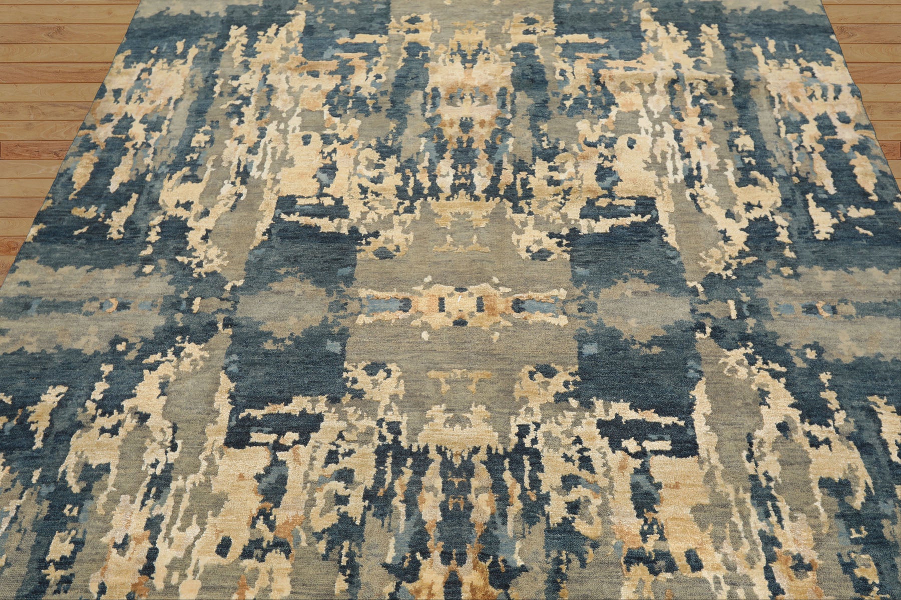 6x9 Gray, Aqua, Ivory Color Hand Knotted Indo Tibetan Wool & Bamboo Silk Modern & Contemporary Oriental Rug