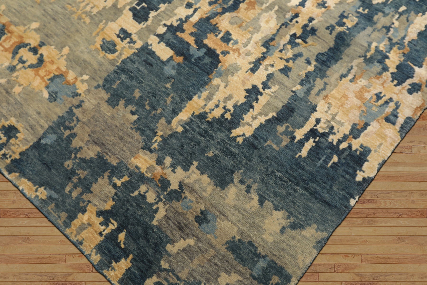 6x9 Gray, Aqua, Ivory Color Hand Knotted Indo Tibetan Wool & Bamboo Silk Modern & Contemporary Oriental Rug