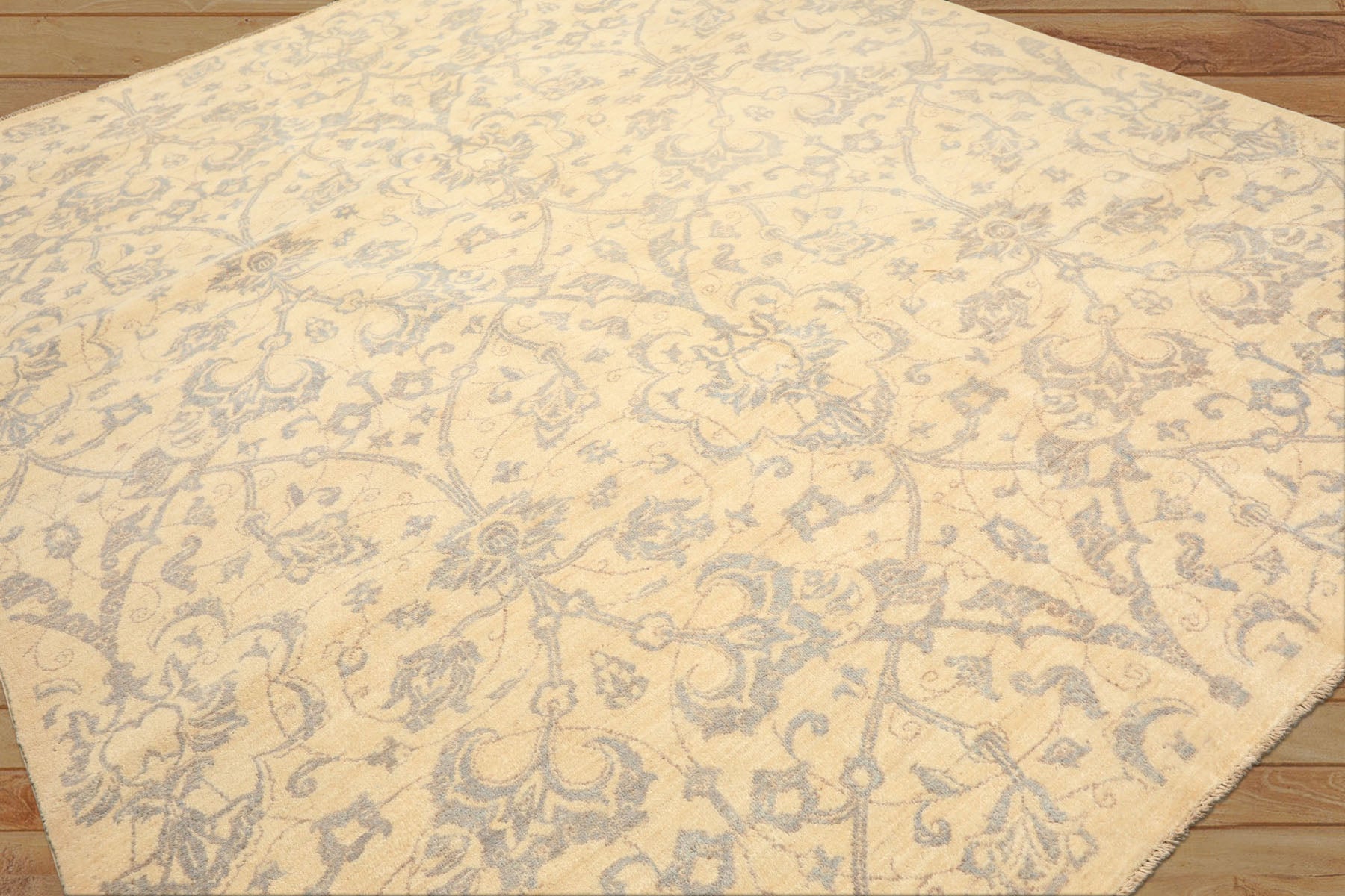 8x10 Ivory, Gray, Teal Color Hand Knotted Peshawar Wool Transitional Oriental Rug