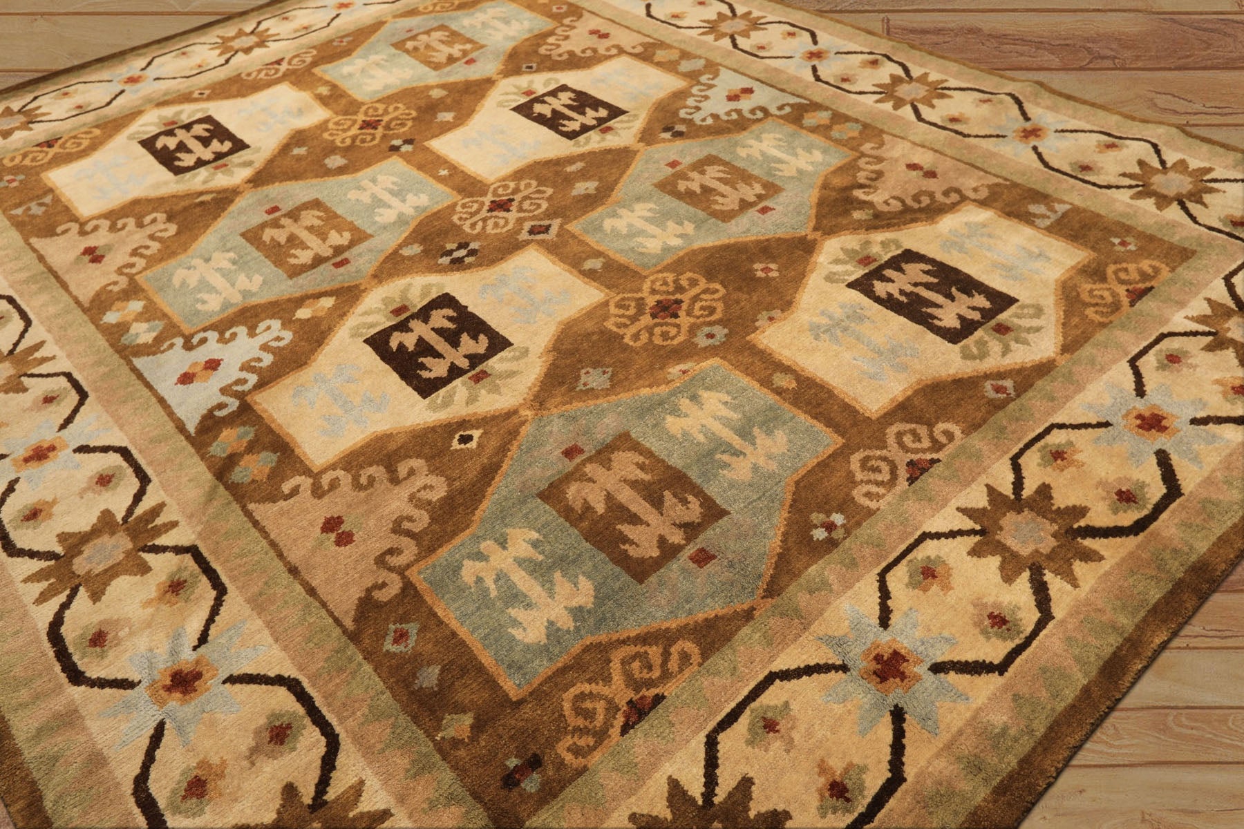 8x10 Beige, Gold, Sage Color Hand Knotted Tibetan Wool Modern & Contemporary Oriental Rug
