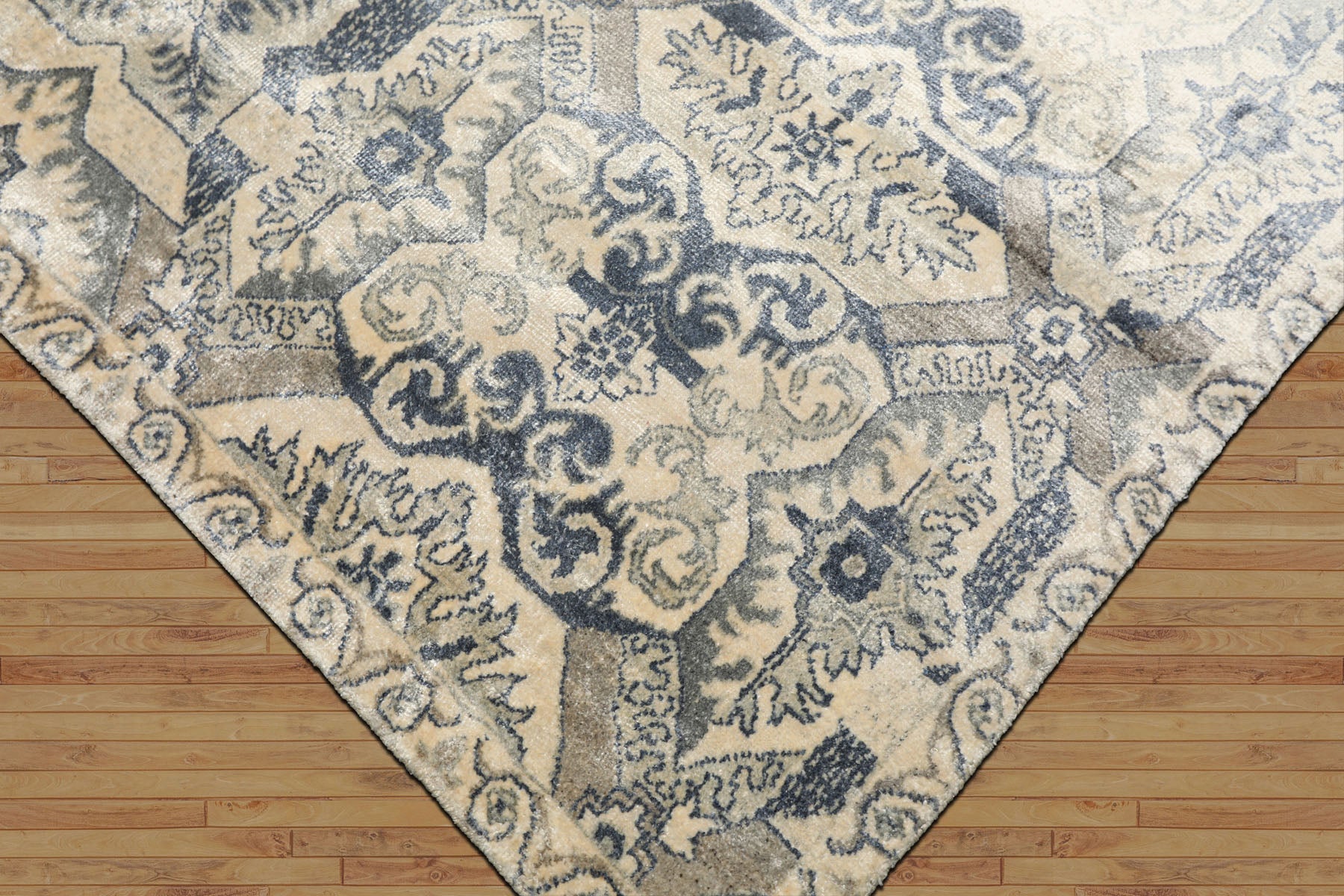 6x9 Ivory, Gray, Slate Color Hand Knotted Indo Tibetan 100% Bamboo Silk Transitional Oriental Rug