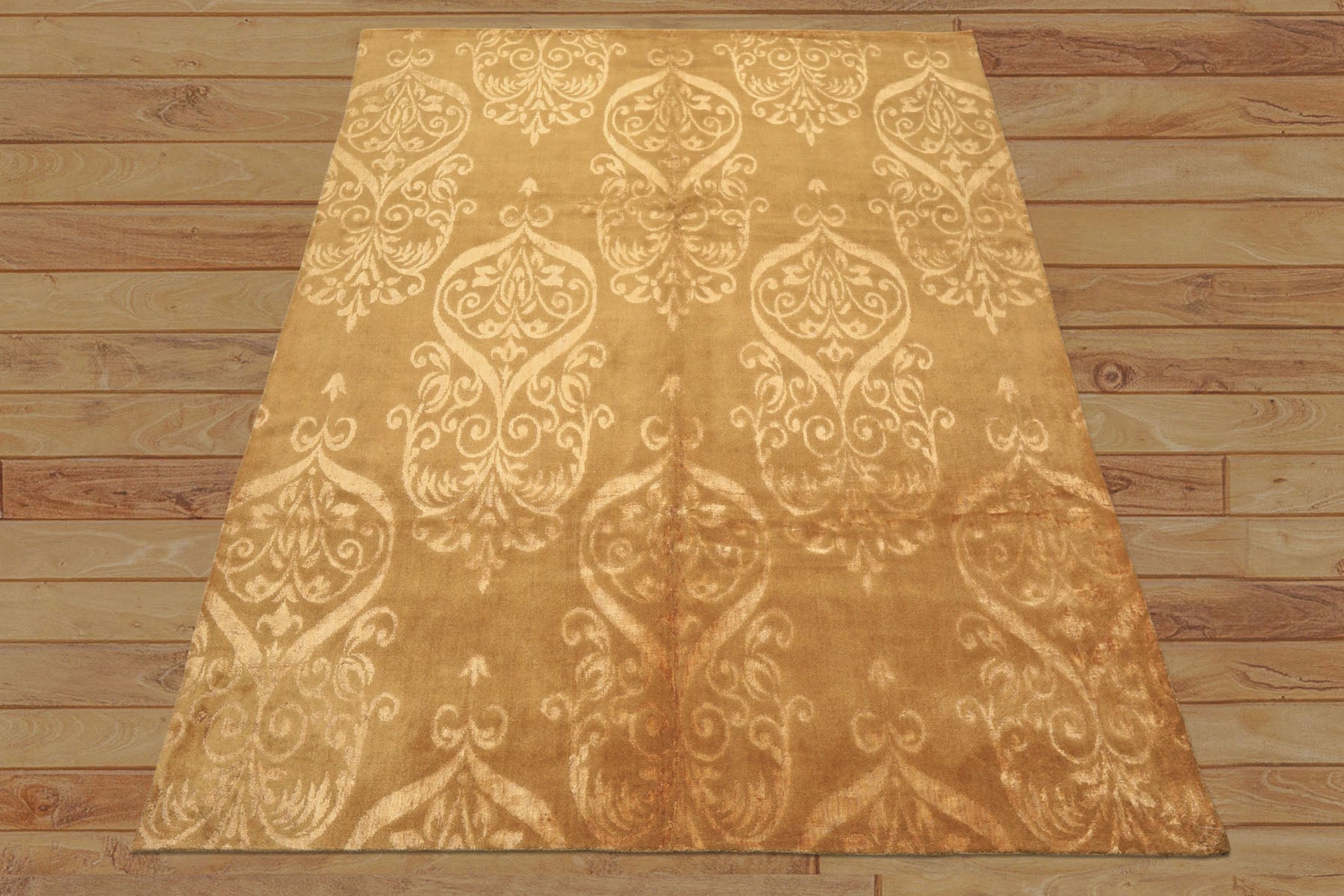 8x10 Tone on Tone Gold, , Color Hand Knotted Tibetan Wool & Bamboo Silk Transitional Oriental Rug