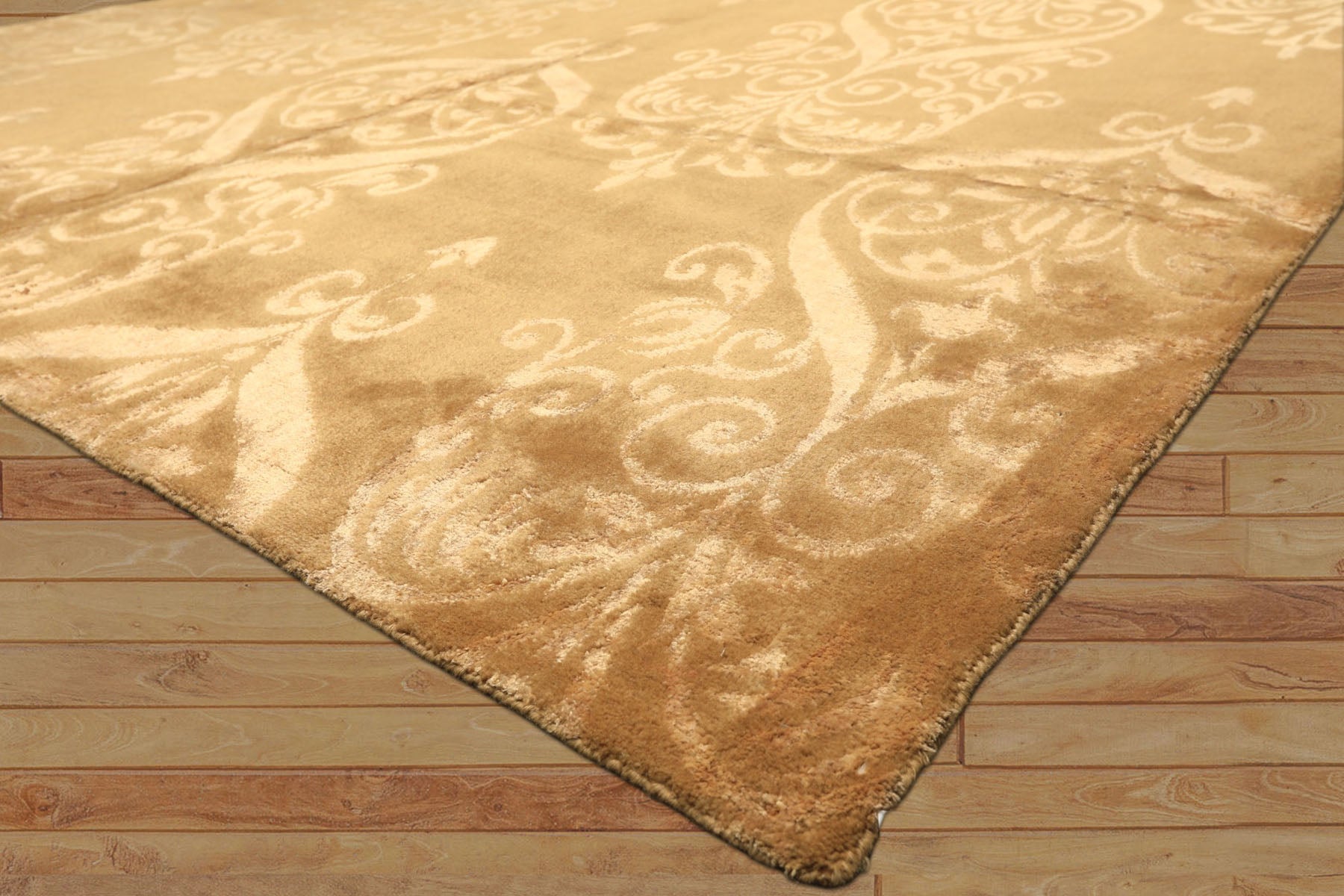 8x10 Tone on Tone Gold, , Color Hand Knotted Tibetan Wool & Bamboo Silk Transitional Oriental Rug