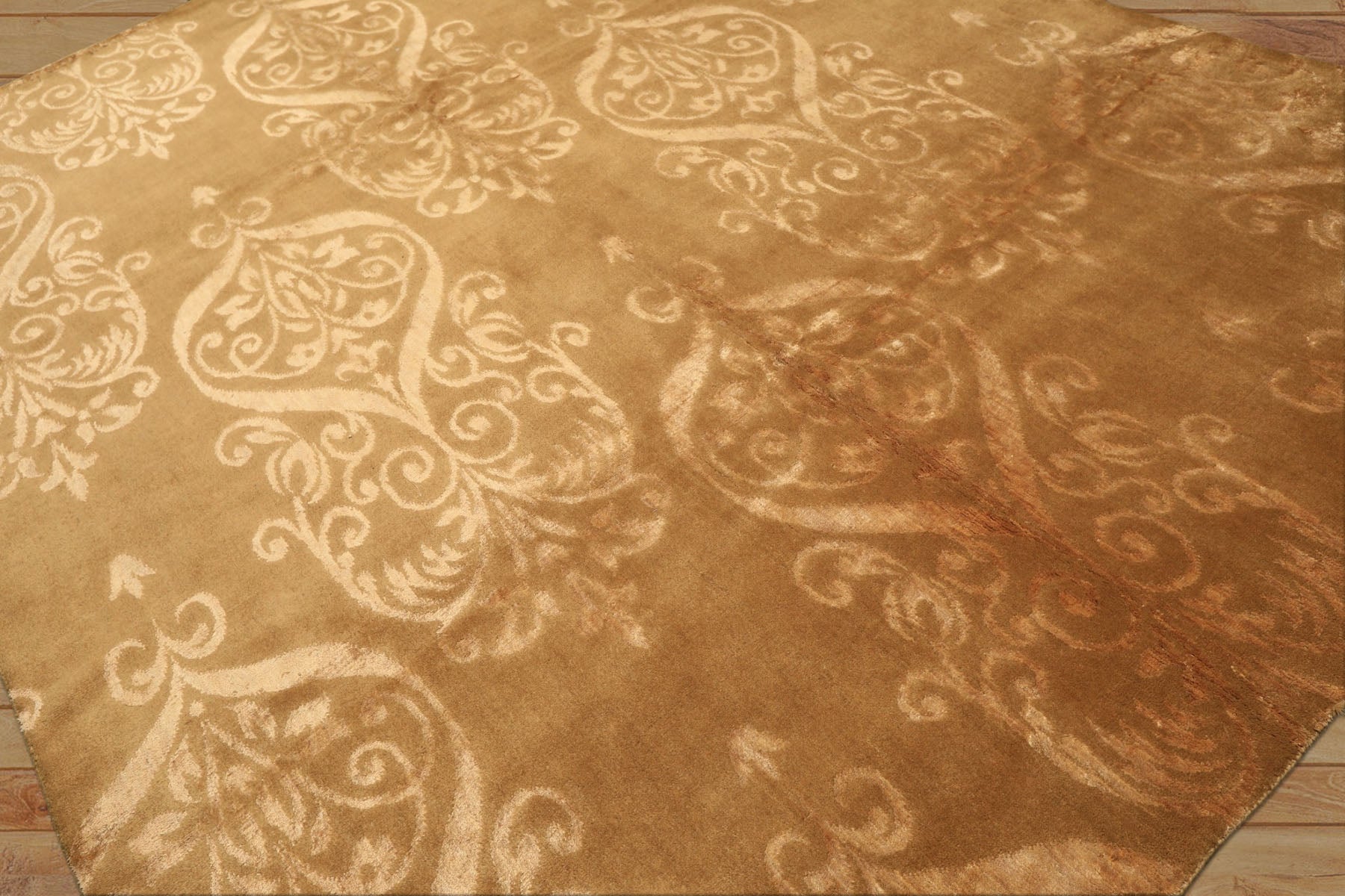 8x10 Tone on Tone Gold, , Color Hand Knotted Tibetan Wool & Bamboo Silk Transitional Oriental Rug