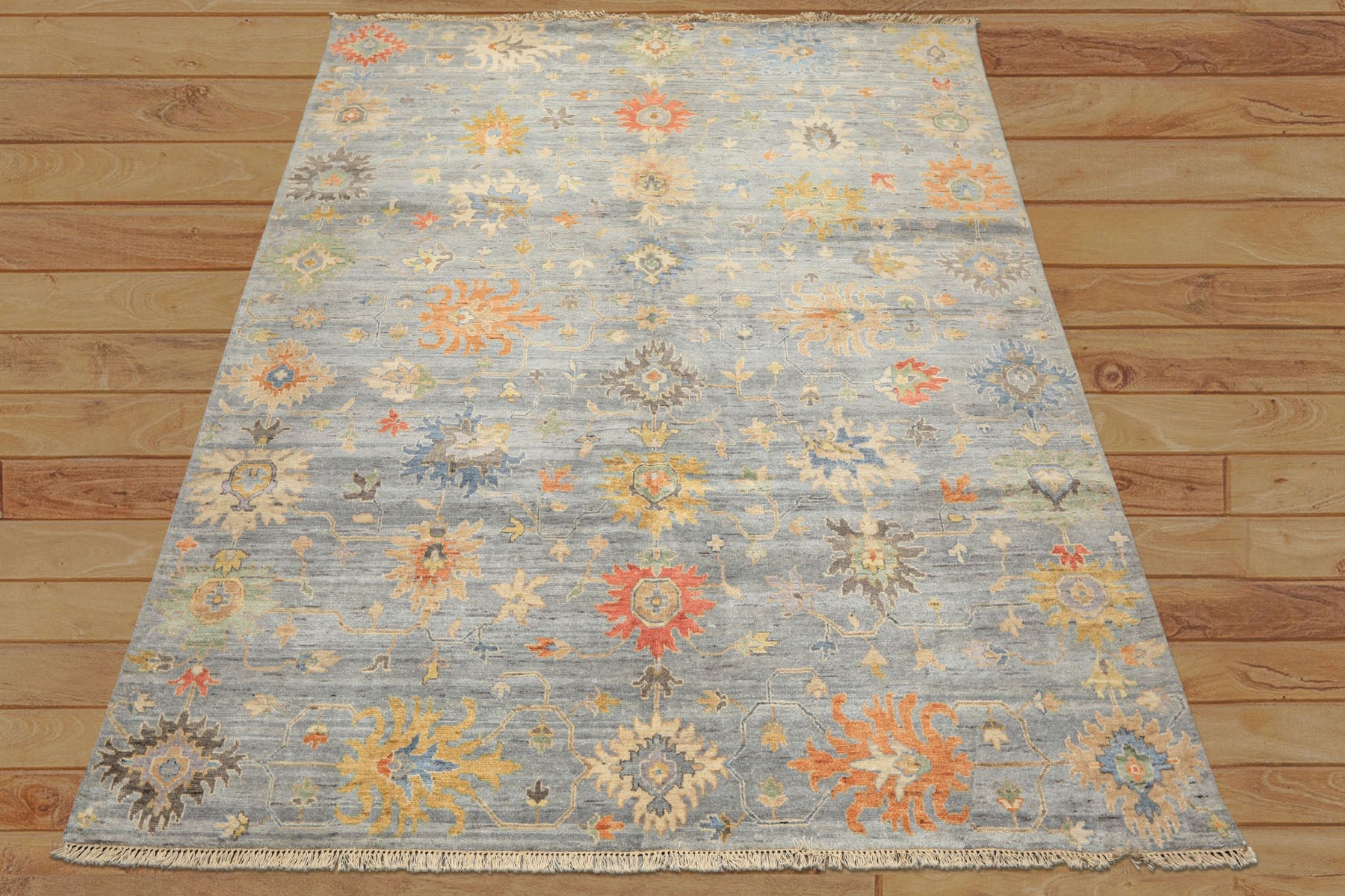 8x10 Blue, Coral, Orange Color Hand Knotted Oushak Wool Transitional Oriental Rug