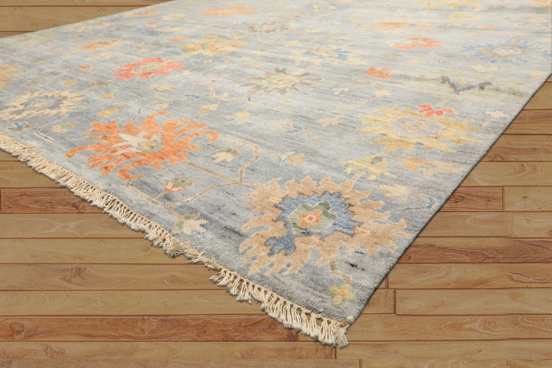 8x10 Blue, Coral, Orange Color Hand Knotted Oushak Wool Transitional Oriental Rug