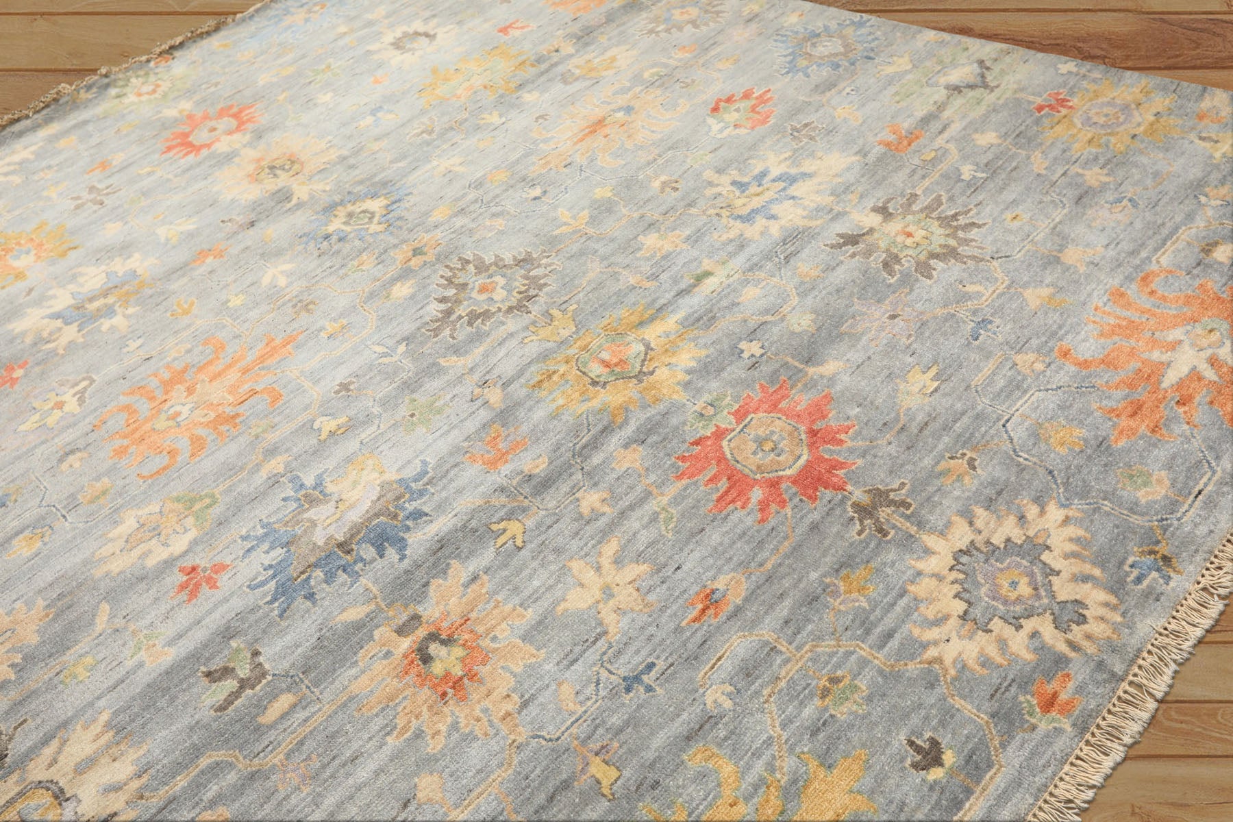 8x10 Blue, Coral, Orange Color Hand Knotted Oushak Wool Transitional Oriental Rug