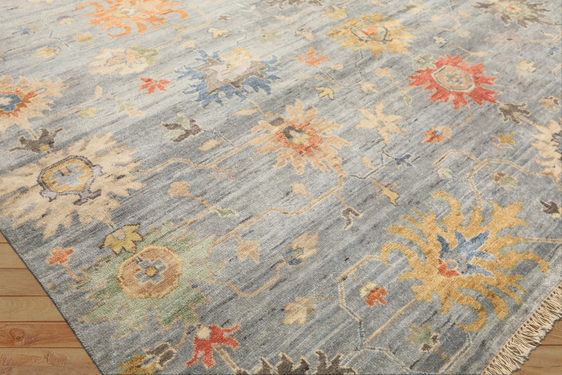 8x10 Blue, Coral, Orange Color Hand Knotted Oushak Wool Transitional Oriental Rug