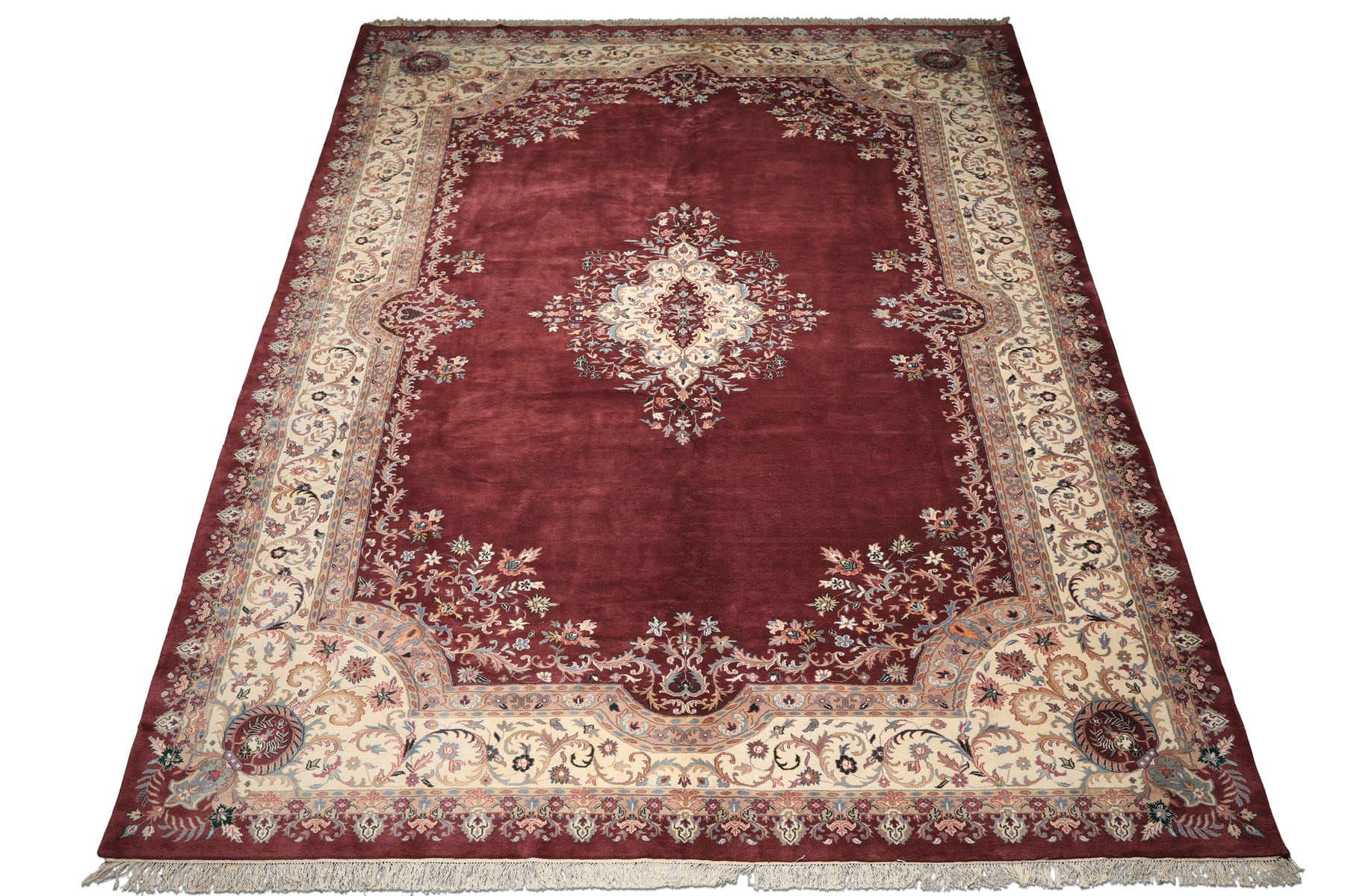 Oversize Plum, Ivory, Aqua Color Hand Knotted Indo Kerman Wool Traditional Oriental Rug