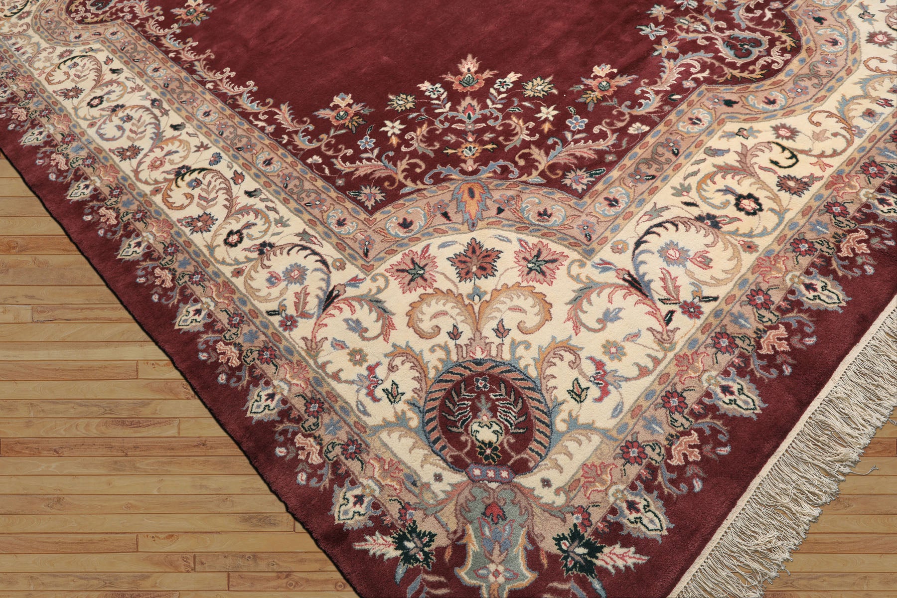 Oversize Plum, Ivory, Aqua Color Hand Knotted Indo Kerman Wool Traditional Oriental Rug
