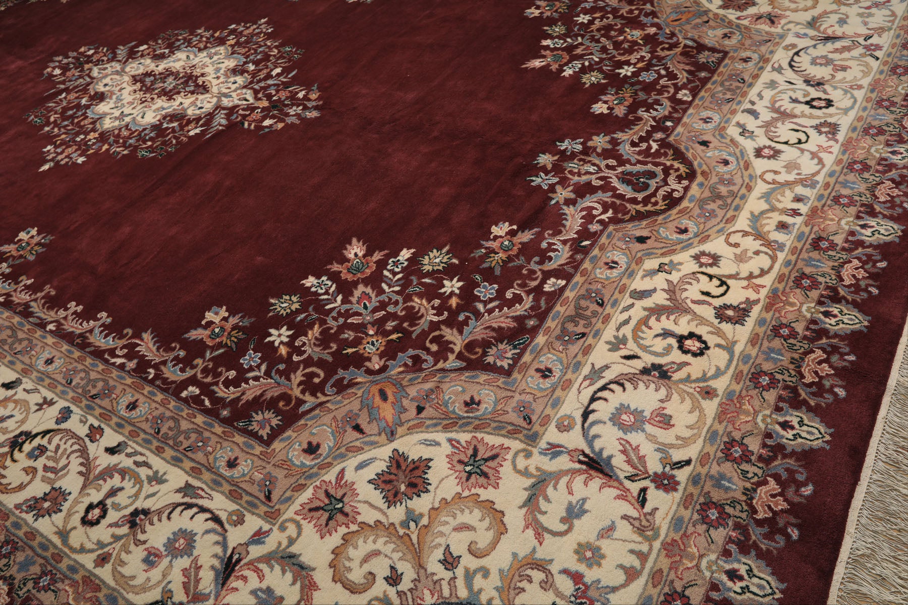 Oversize Plum, Ivory, Aqua Color Hand Knotted Indo Kerman Wool Traditional Oriental Rug