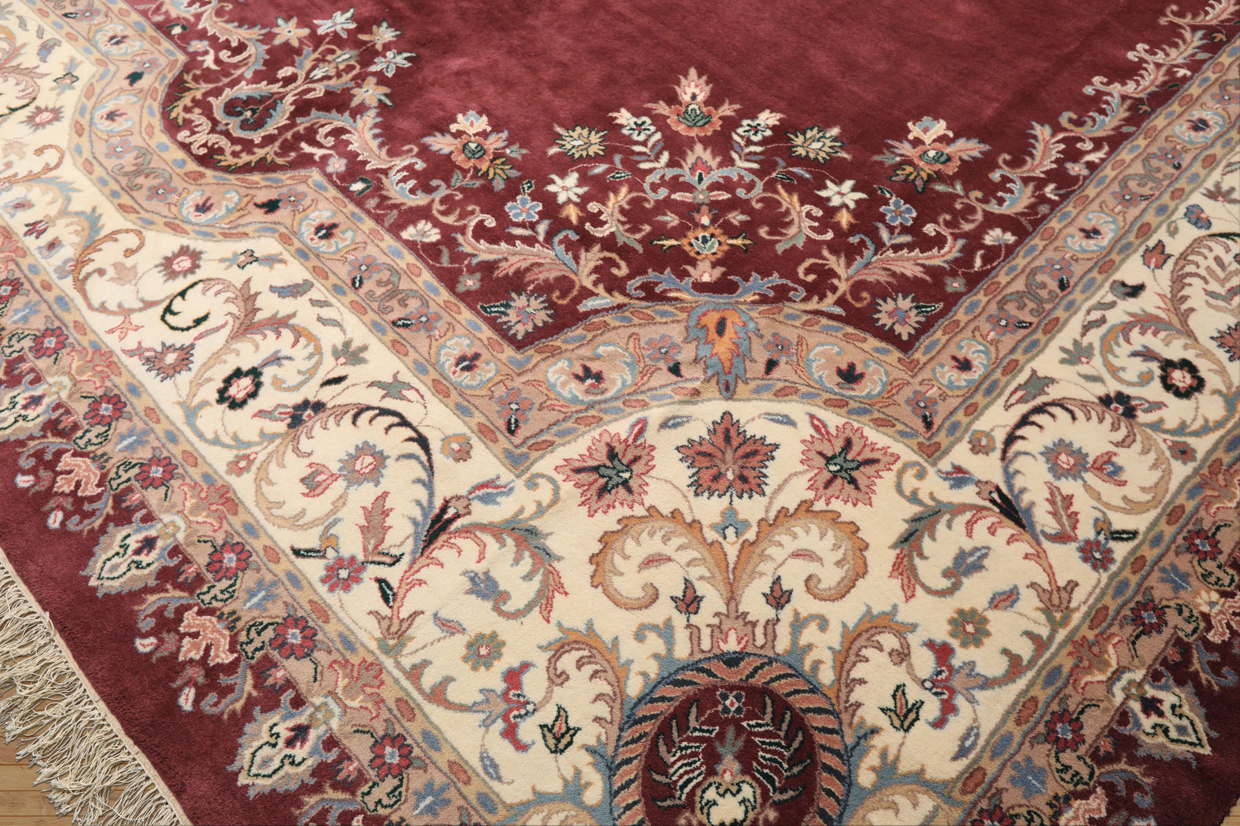 Oversize Plum, Ivory, Aqua Color Hand Knotted Indo Kerman Wool Traditional Oriental Rug