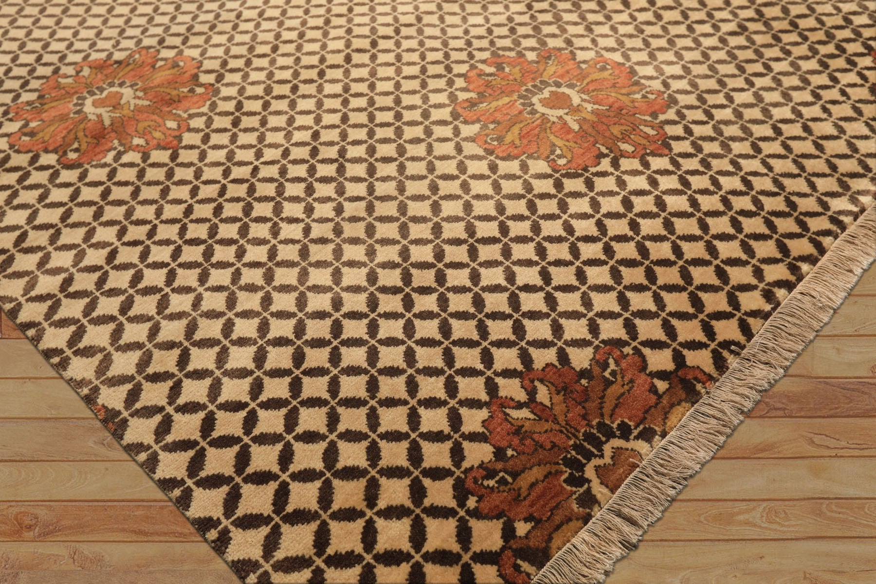 8x10 Beige, Brown, Burnt Orange Color Hand Knotted Agra Wool Transitional Oriental Rug