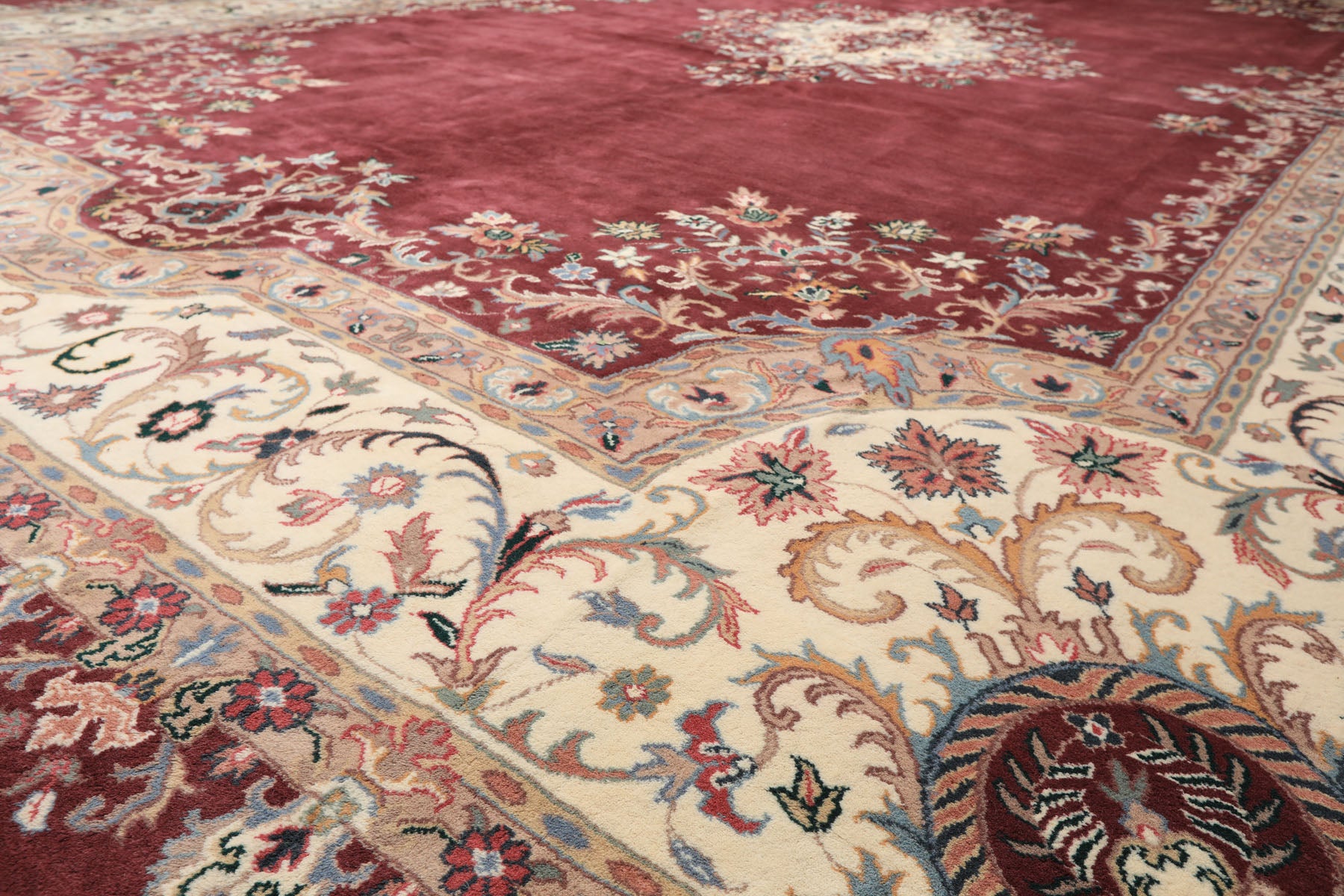 Oversize Plum, Ivory, Aqua Color Hand Knotted Indo Kerman Wool Traditional Oriental Rug