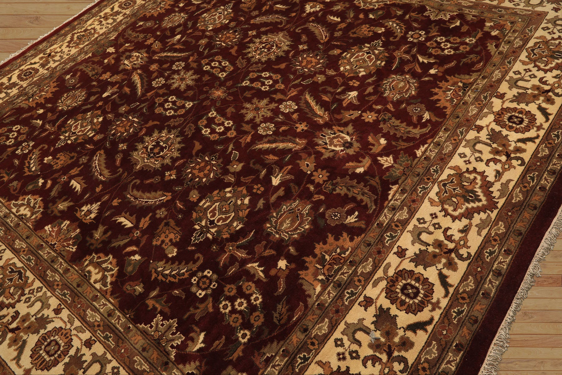 Square Maroon, Ivory, Moss Color Hand Knotted Agra Wool Traditional Oriental Rug