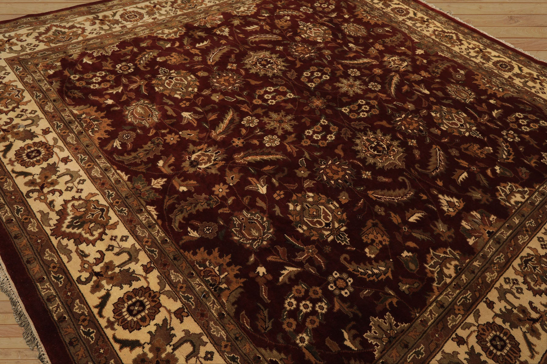 Square Maroon, Ivory, Moss Color Hand Knotted Agra Wool Traditional Oriental Rug