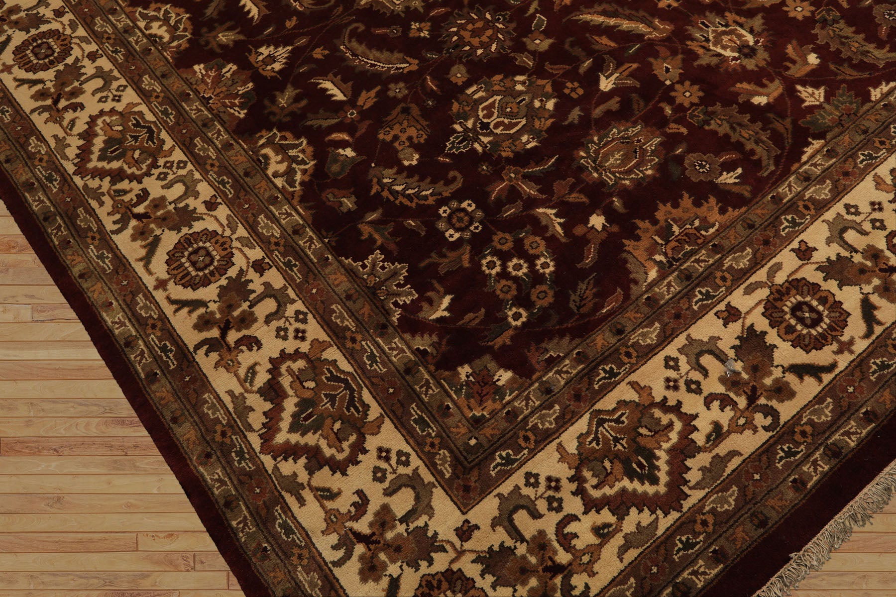 Square Maroon, Ivory, Moss Color Hand Knotted Agra Wool Traditional Oriental Rug