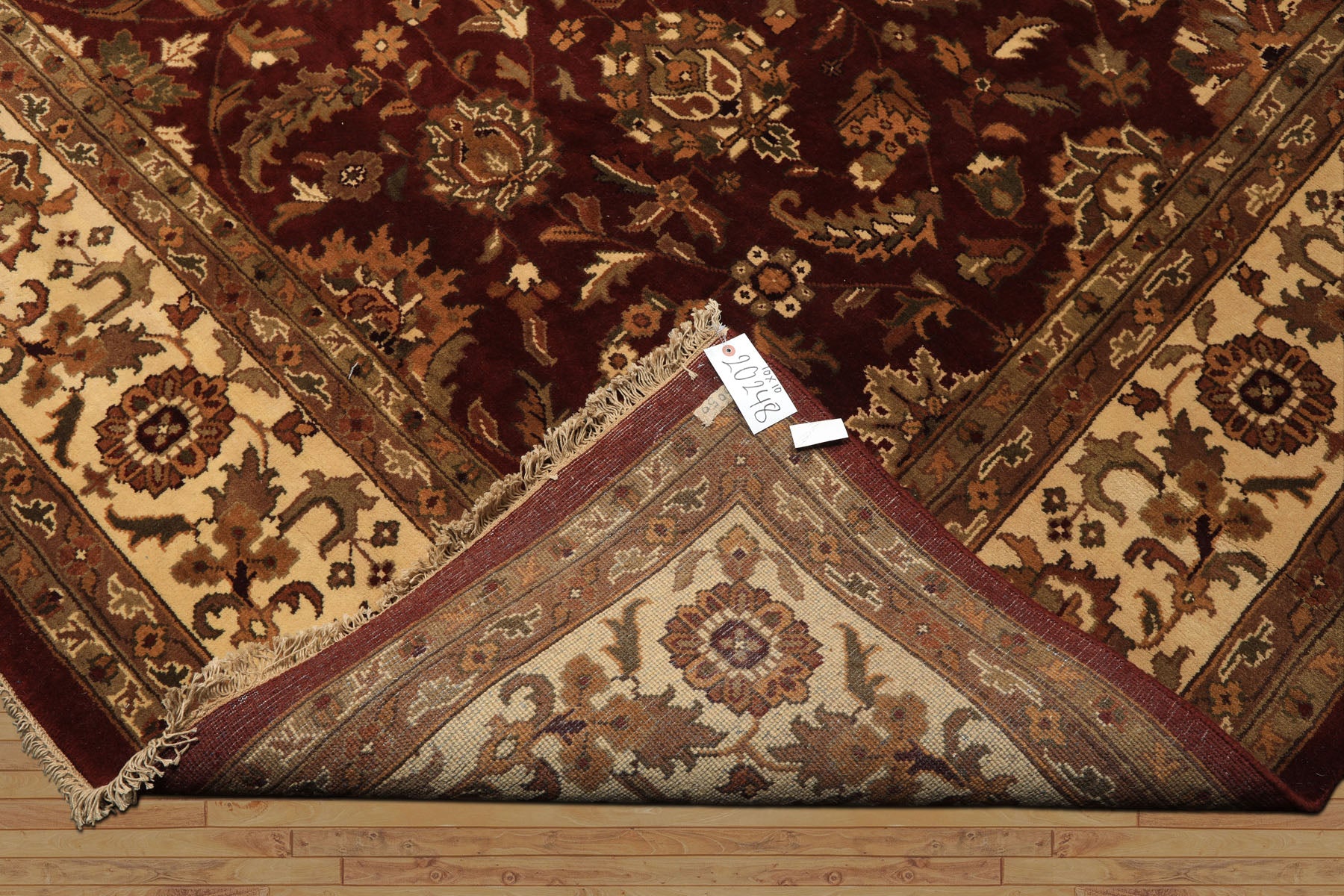 Square Maroon, Ivory, Moss Color Hand Knotted Agra Wool Traditional Oriental Rug