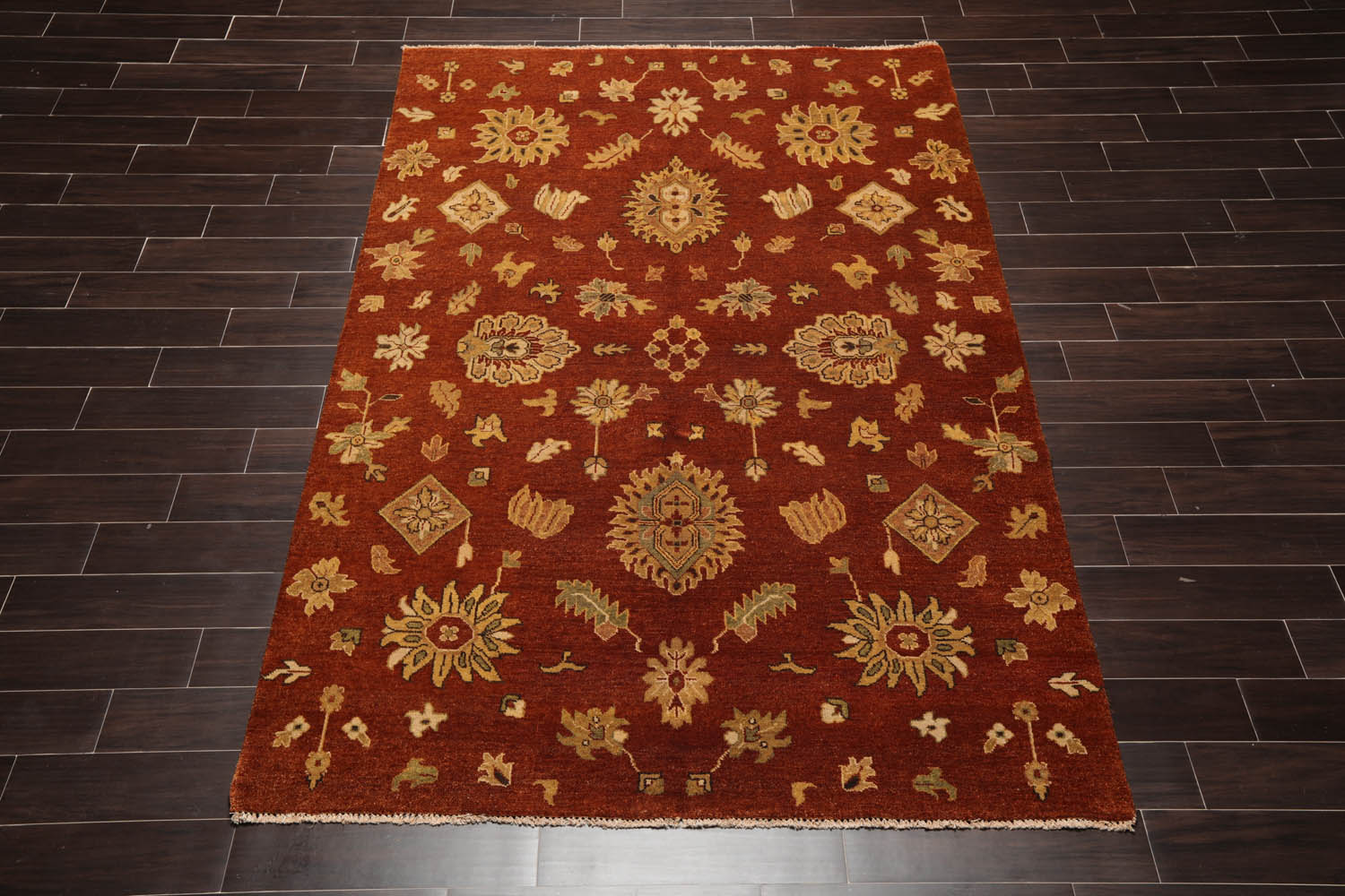 6x9 Burnt Orange, Gold, Aqua Color Hand Knotted All-Over 100% Wool Traditional Oriental Rug