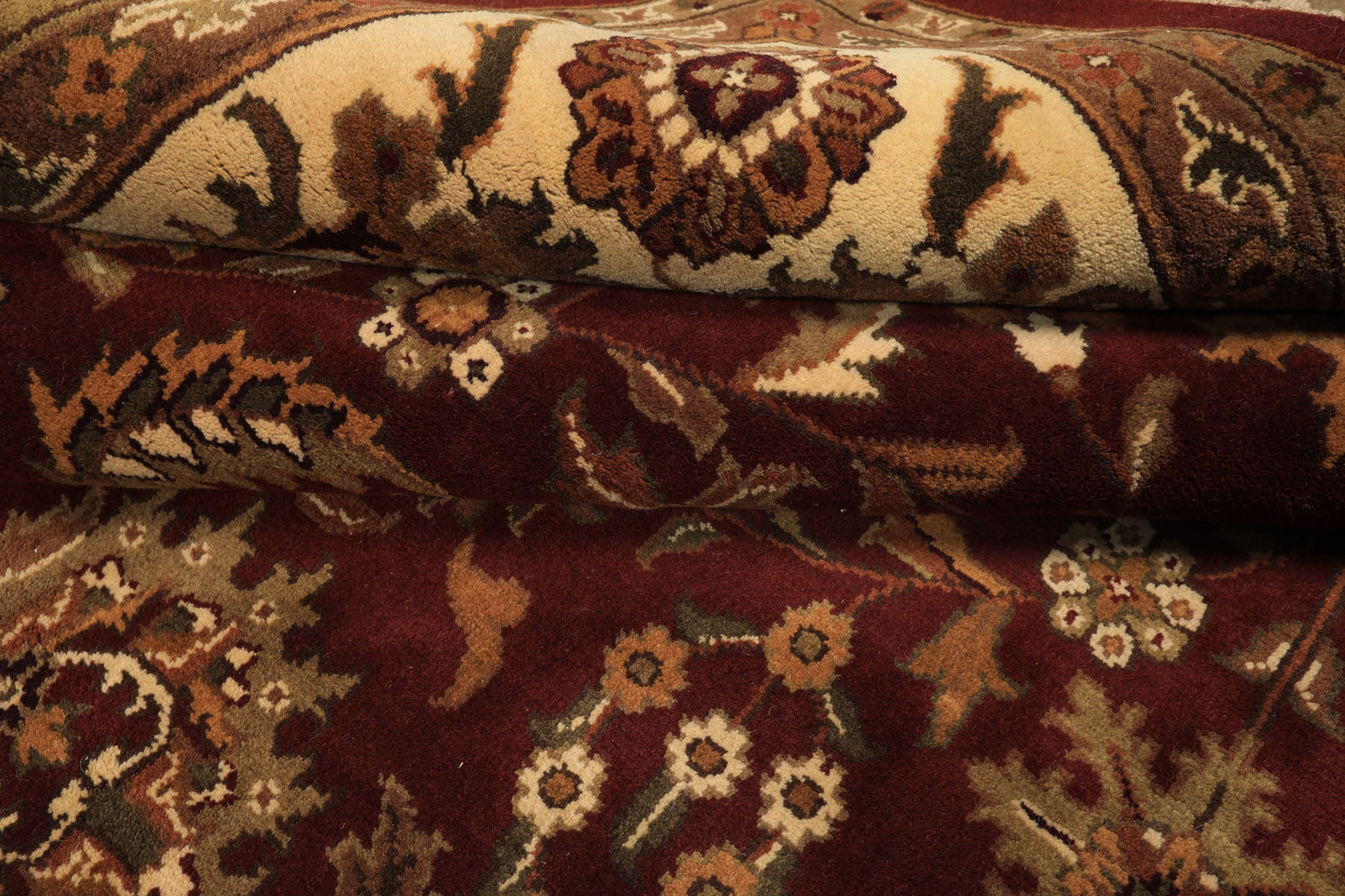 Square Maroon, Ivory, Moss Color Hand Knotted Agra Wool Traditional Oriental Rug