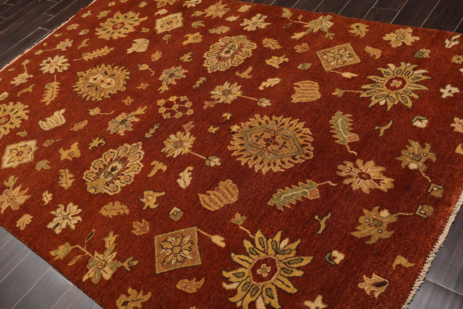 6x9 Burnt Orange, Gold, Aqua Color Hand Knotted All-Over 100% Wool Traditional Oriental Rug