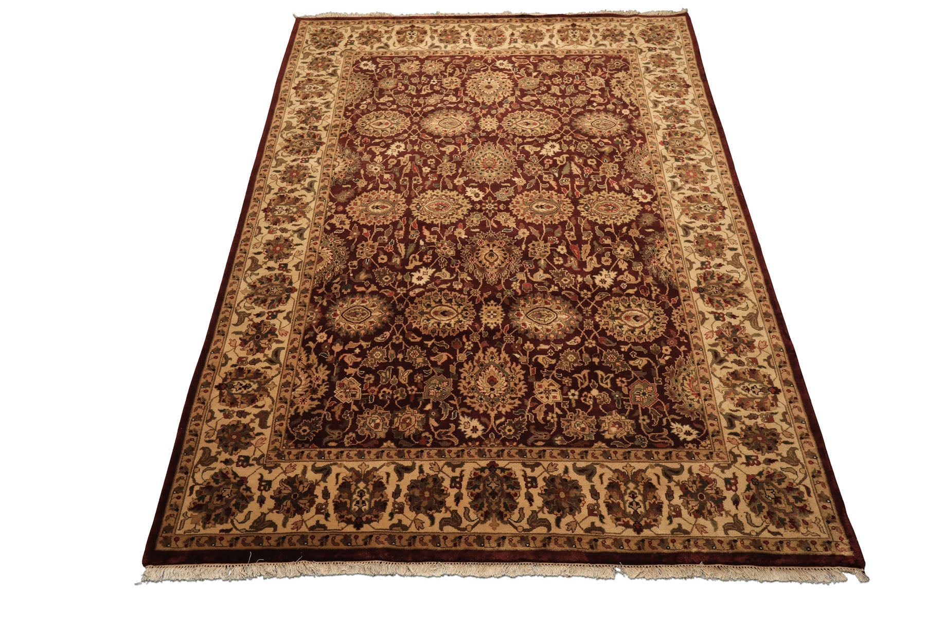 8x11 Maroon, Ivory, Green Color Hand Knotted Agra New Zealand Wool Traditional Oriental Rug