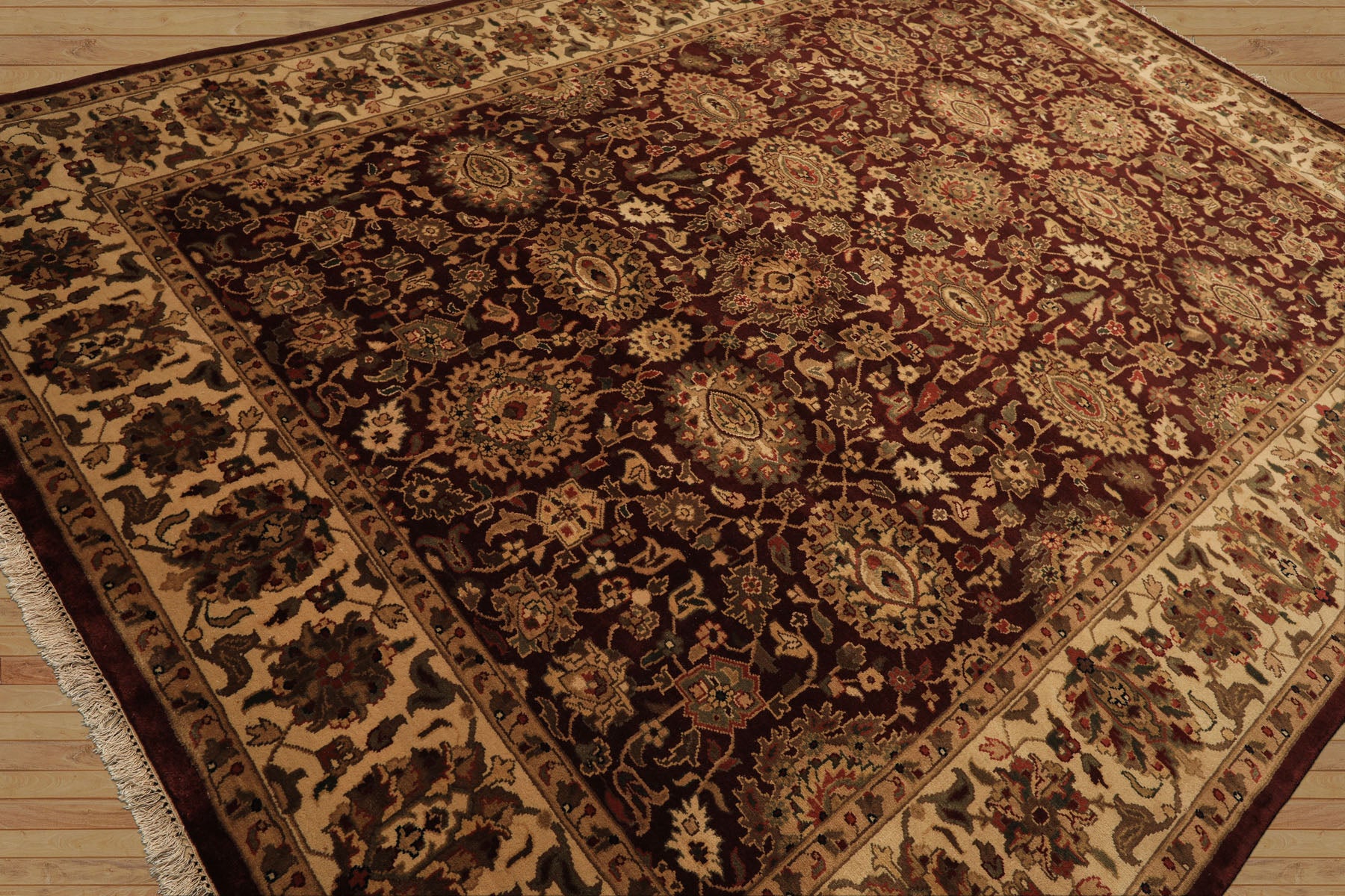 8x11 Maroon, Ivory, Green Color Hand Knotted Agra New Zealand Wool Traditional Oriental Rug