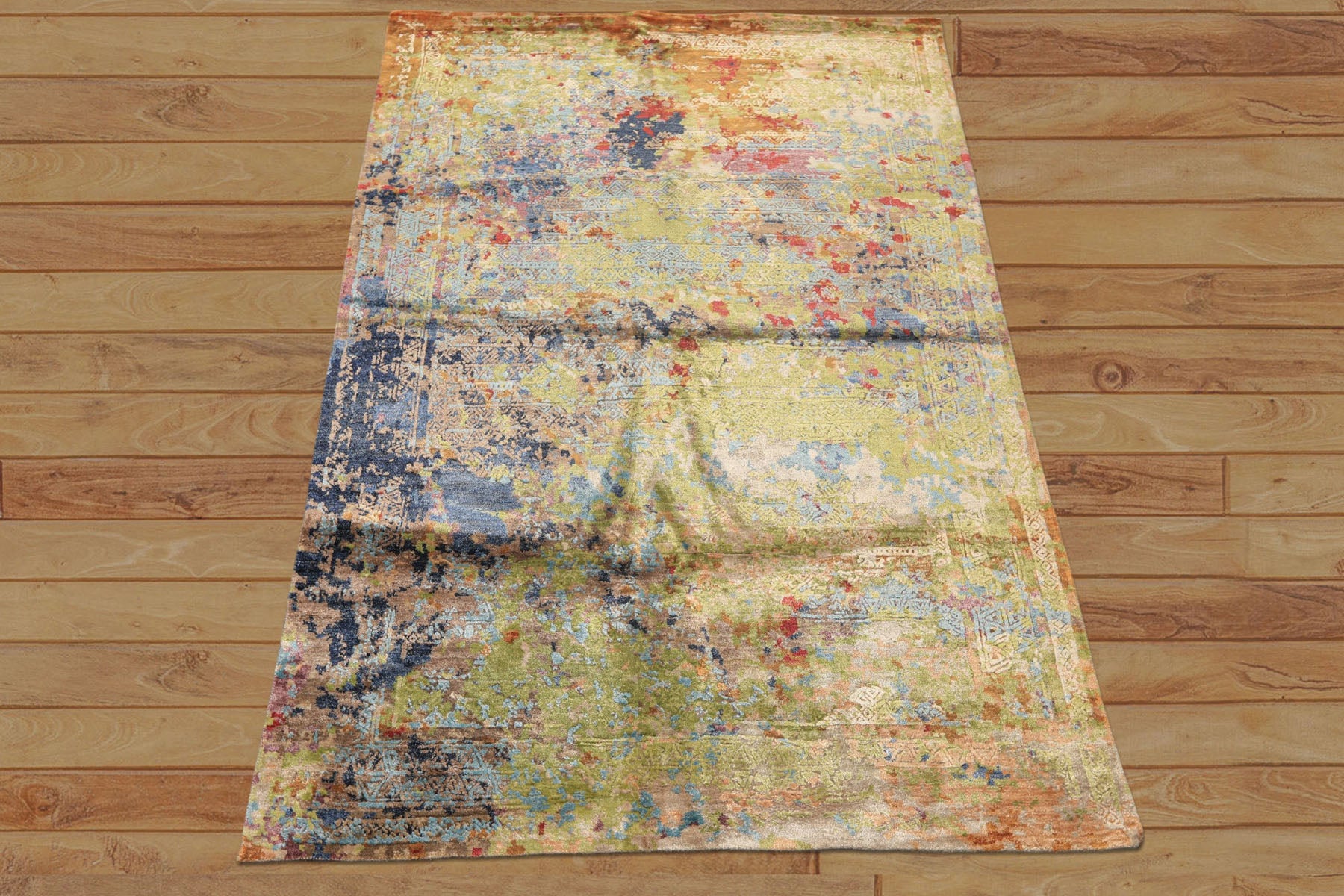 6x9 Lime, Navy, Coral Color Hand Knotted Sherpa Bamboo Silk Transitional Oriental Rug