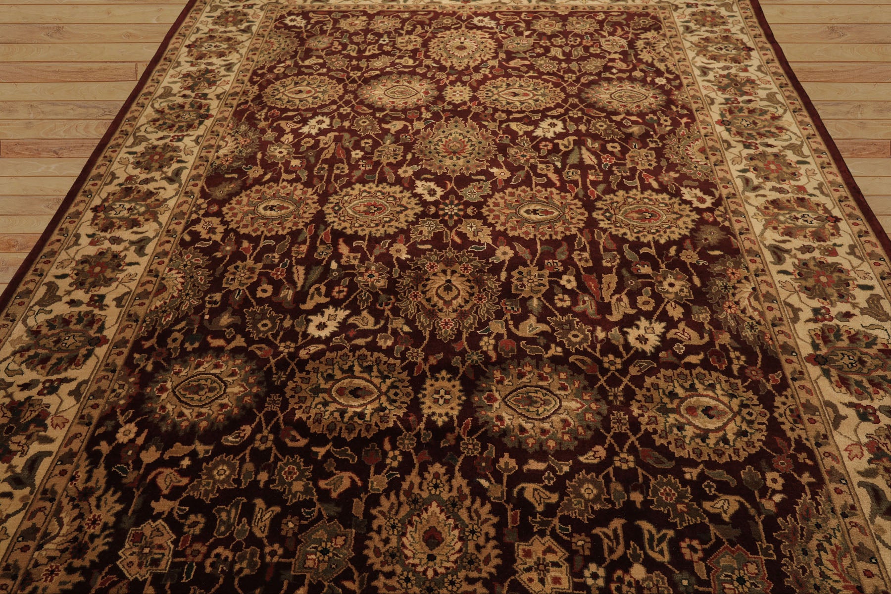 8x11 Maroon, Ivory, Green Color Hand Knotted Agra New Zealand Wool Traditional Oriental Rug