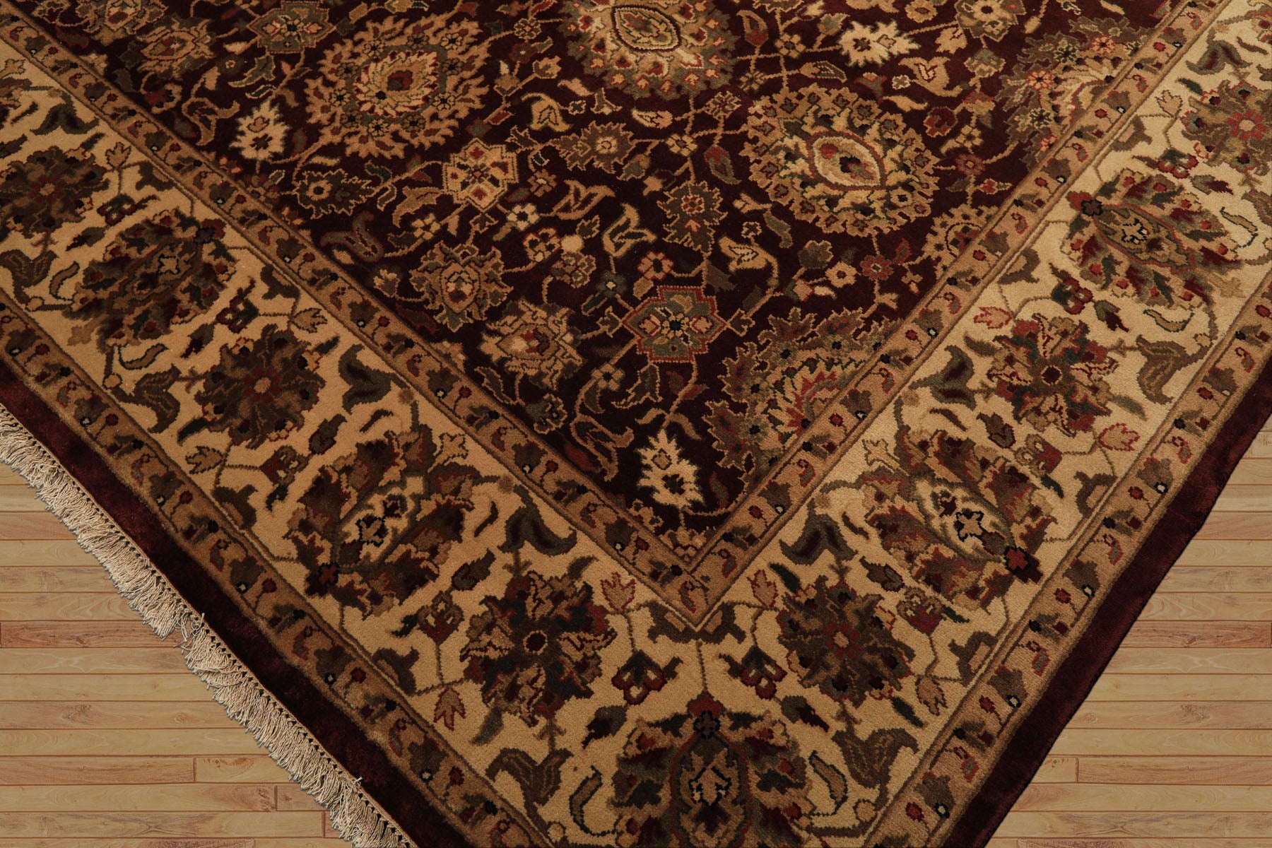 8x11 Maroon, Ivory, Green Color Hand Knotted Agra New Zealand Wool Traditional Oriental Rug