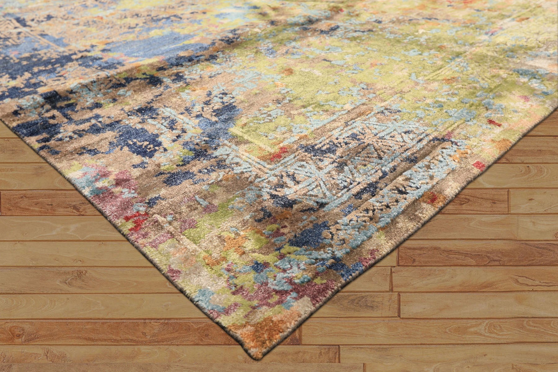 6x9 Lime, Navy, Coral Color Hand Knotted Sherpa Bamboo Silk Transitional Oriental Rug