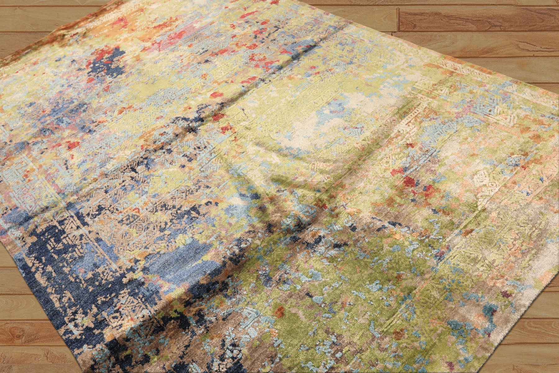 6x9 Lime, Navy, Coral Color Hand Knotted Sherpa Bamboo Silk Transitional Oriental Rug