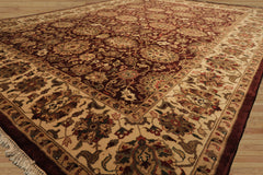 8x11 Maroon, Ivory, Green Color Hand Knotted Agra New Zealand Wool Traditional Oriental Rug