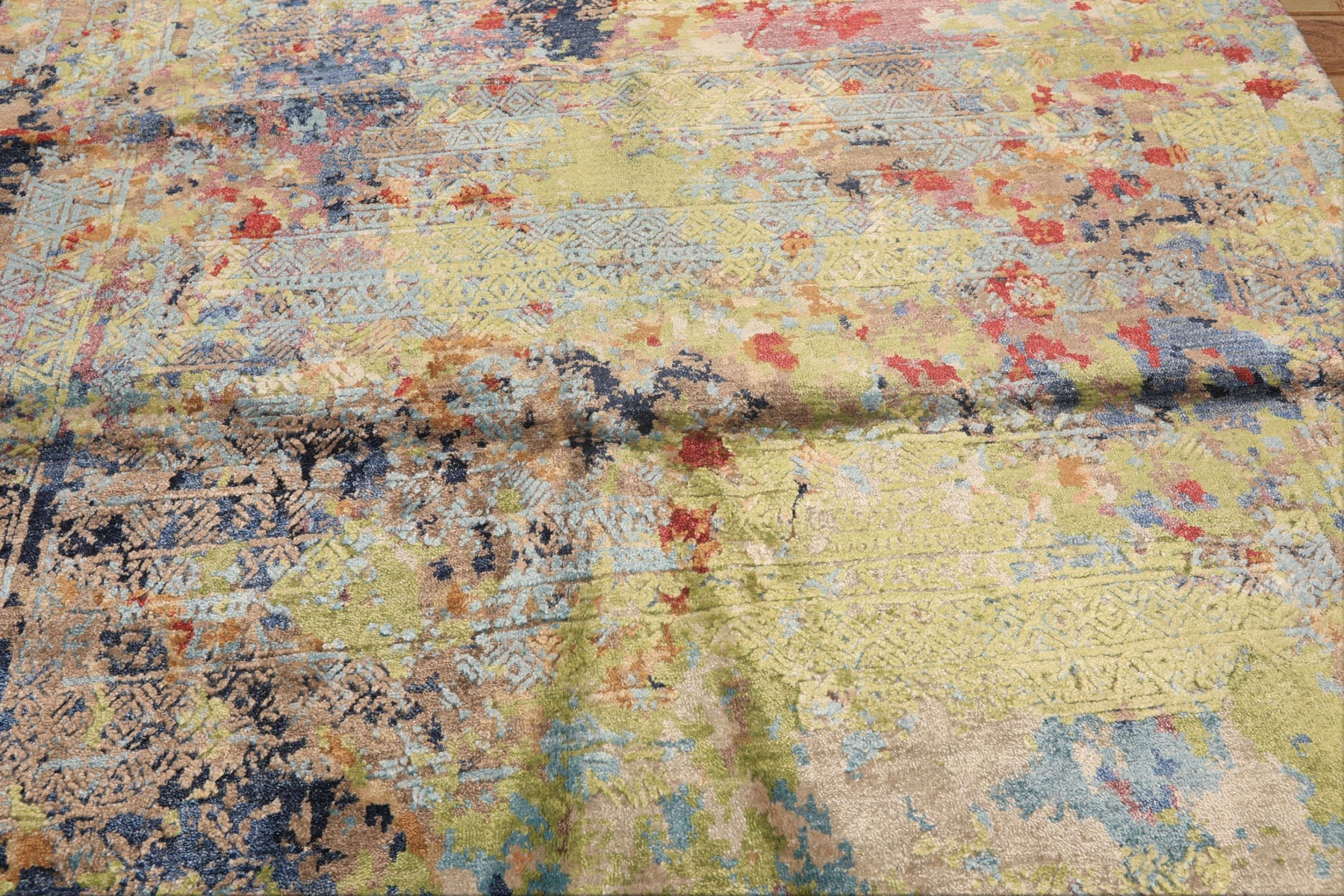6x9 Lime, Navy, Coral Color Hand Knotted Sherpa Bamboo Silk Transitional Oriental Rug