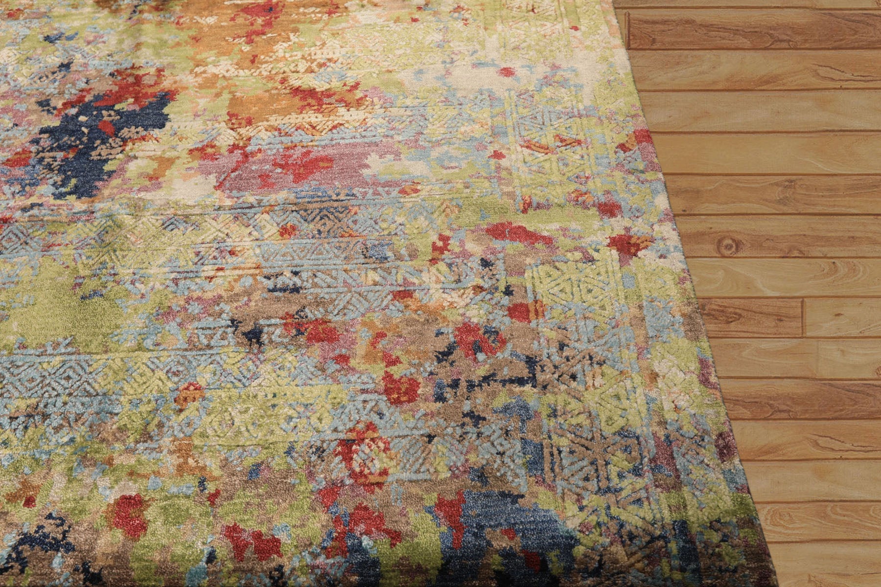 6x9 Lime, Navy, Coral Color Hand Knotted Sherpa Bamboo Silk Transitional Oriental Rug