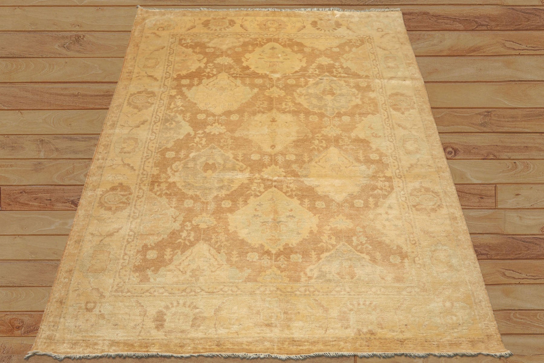 8x10 Tan, Beige, Celadon Color Hand Knotted Oushak New Zealand Wool Transitional Oriental Rug