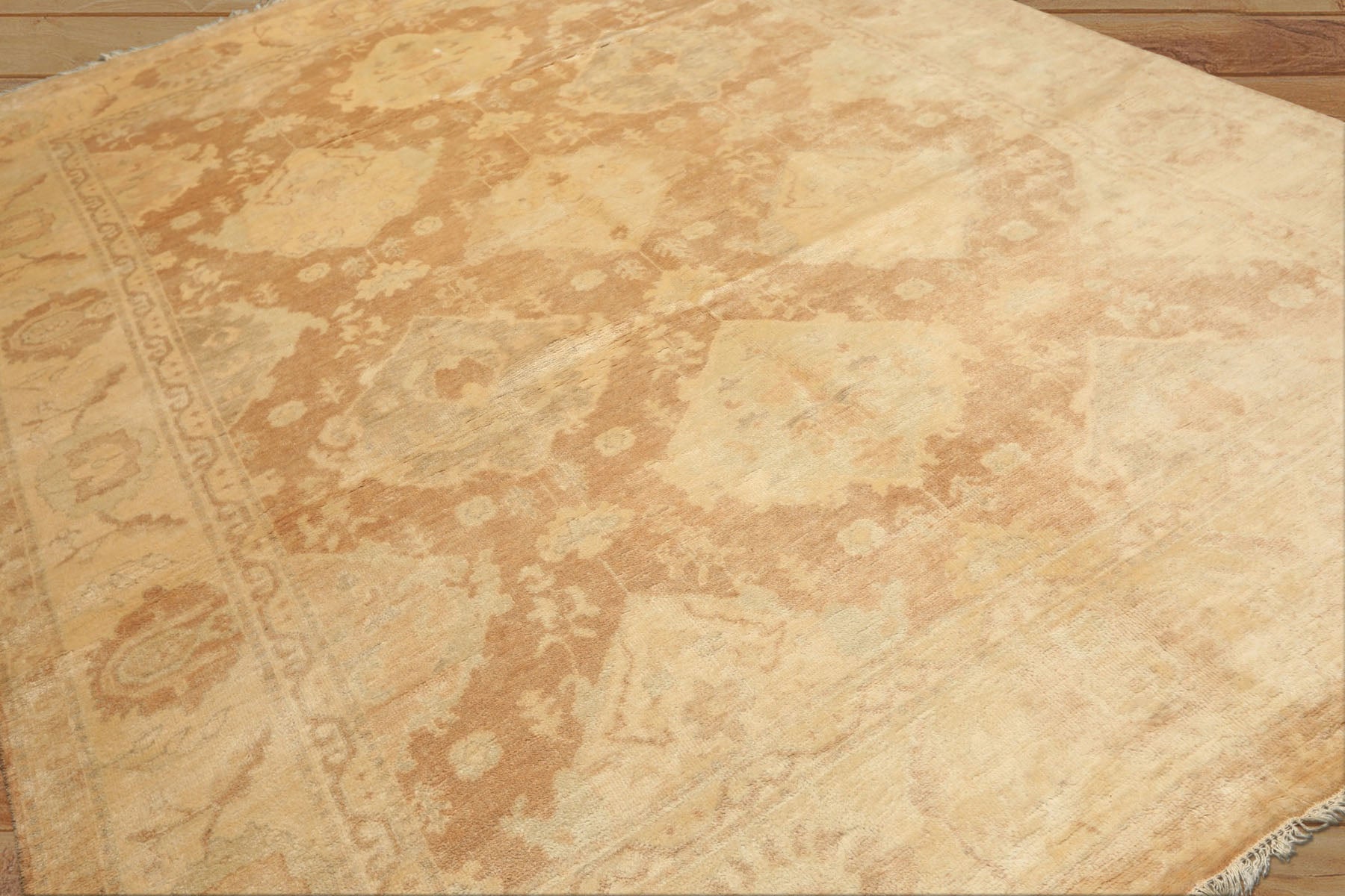8x10 Tan, Beige, Celadon Color Hand Knotted Oushak New Zealand Wool Transitional Oriental Rug