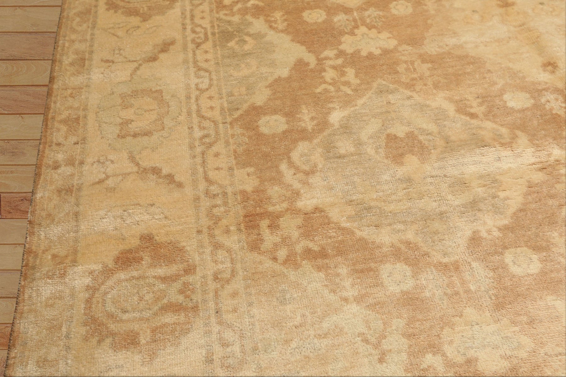 8x10 Tan, Beige, Celadon Color Hand Knotted Oushak New Zealand Wool Transitional Oriental Rug