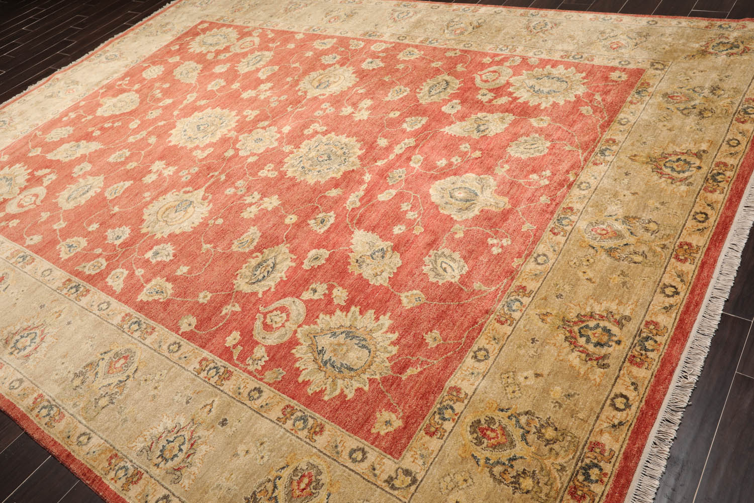 9x12 Coral, Beige, Blue Color Hand Knotted All-Over 100% Wool Traditional Oriental Rug