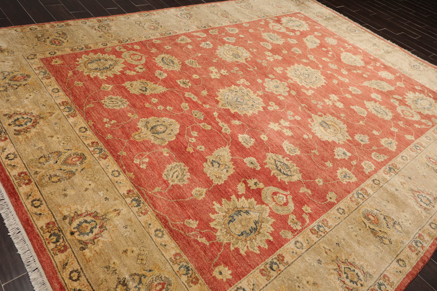 9x12 Coral, Beige, Blue Color Hand Knotted All-Over 100% Wool Traditional Oriental Rug