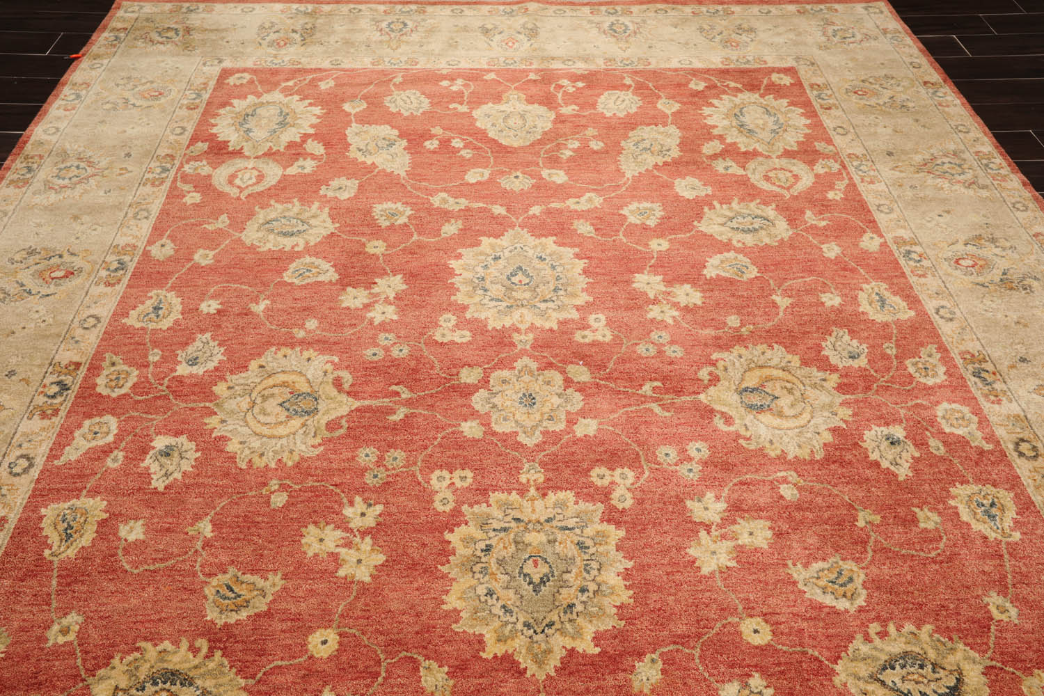 9x12 Coral, Beige, Blue Color Hand Knotted All-Over 100% Wool Traditional Oriental Rug