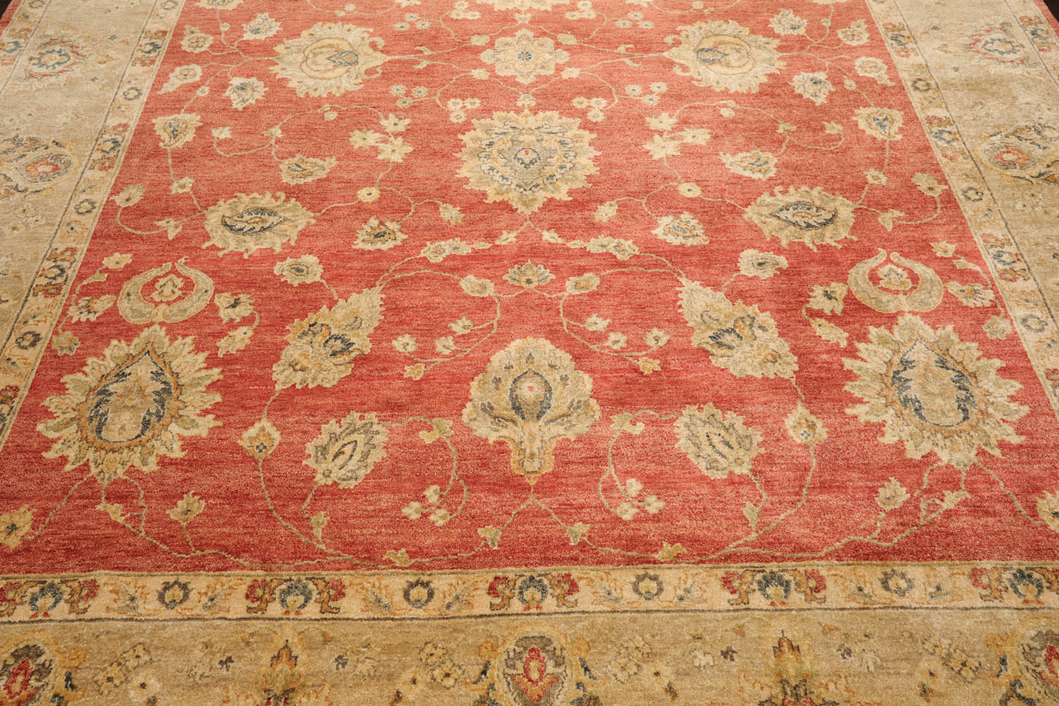 9x12 Coral, Beige, Blue Color Hand Knotted All-Over 100% Wool Traditional Oriental Rug